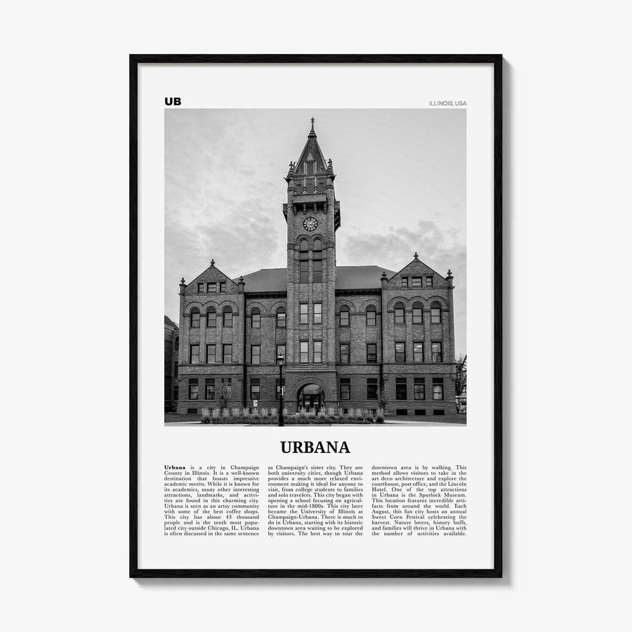 Urbana Print Black and White, Urbana Wall Art, Urbana Poster, Urbana Photo, Urbana Wall Décor, Urbana Map, Illinois, USA