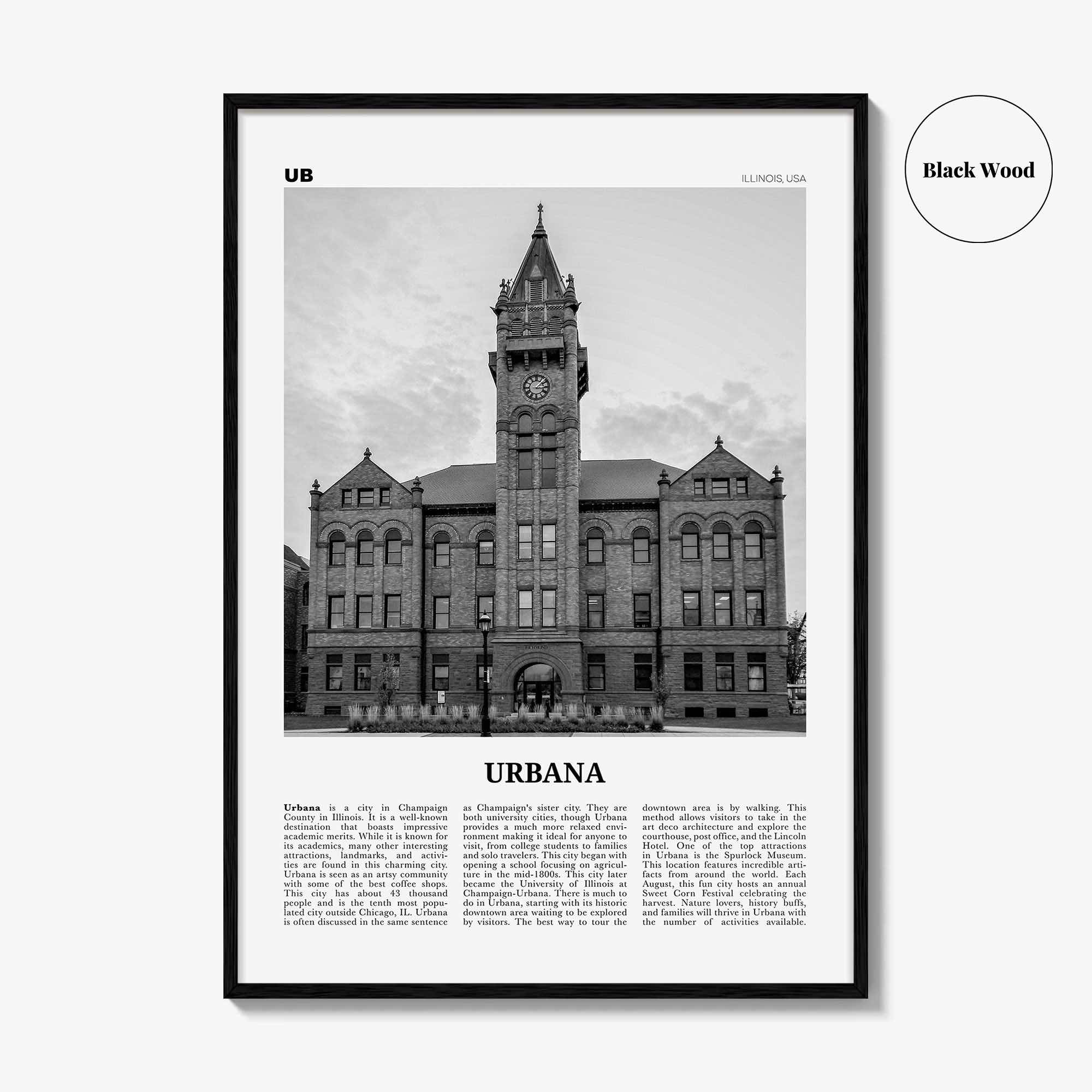 Urbana Print Black and White, Urbana Wall Art, Urbana Poster, Urbana Photo, Urbana Wall Décor, Urbana Map, Illinois, USA