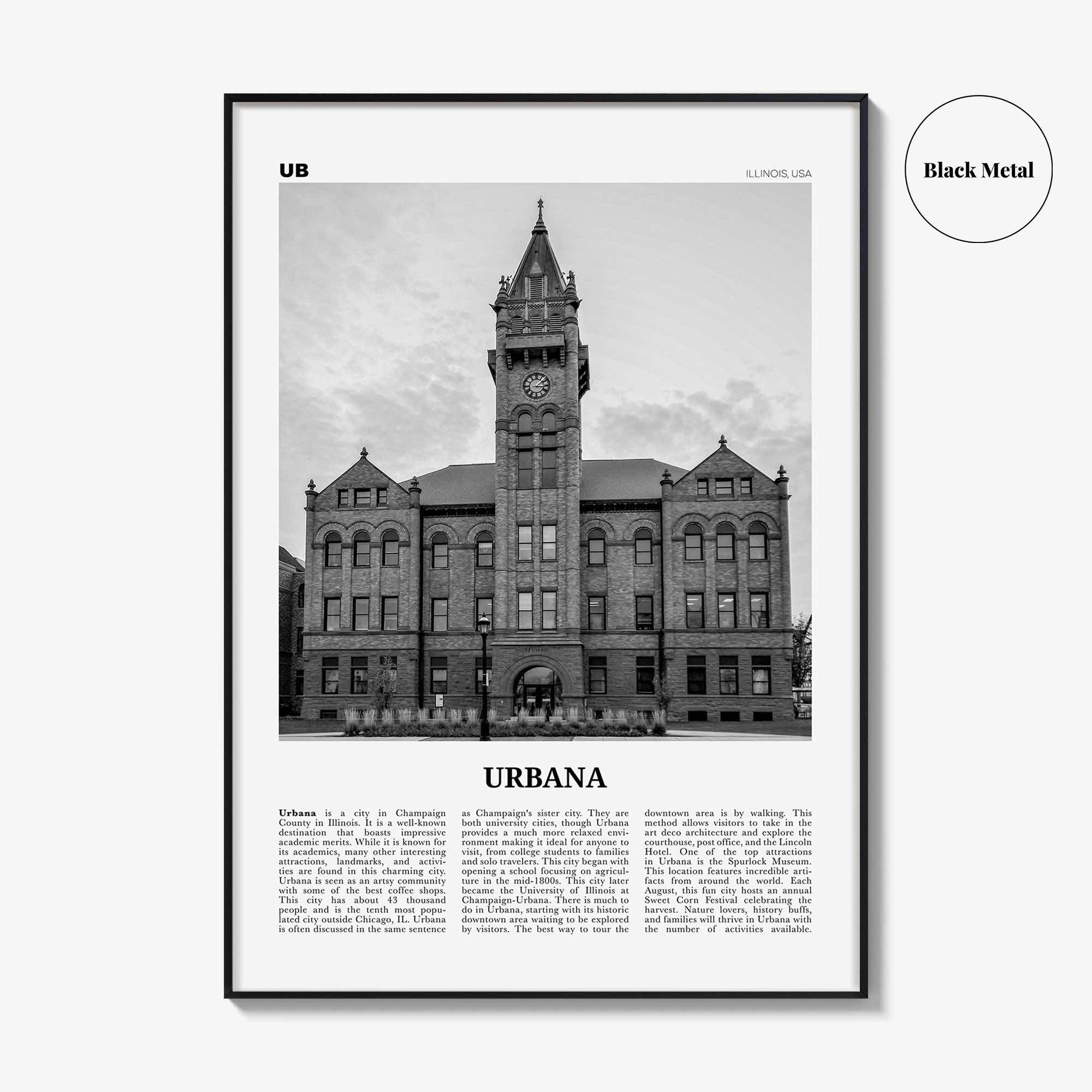 Urbana Print Black and White, Urbana Wall Art, Urbana Poster, Urbana Photo, Urbana Wall Décor, Urbana Map, Illinois, USA