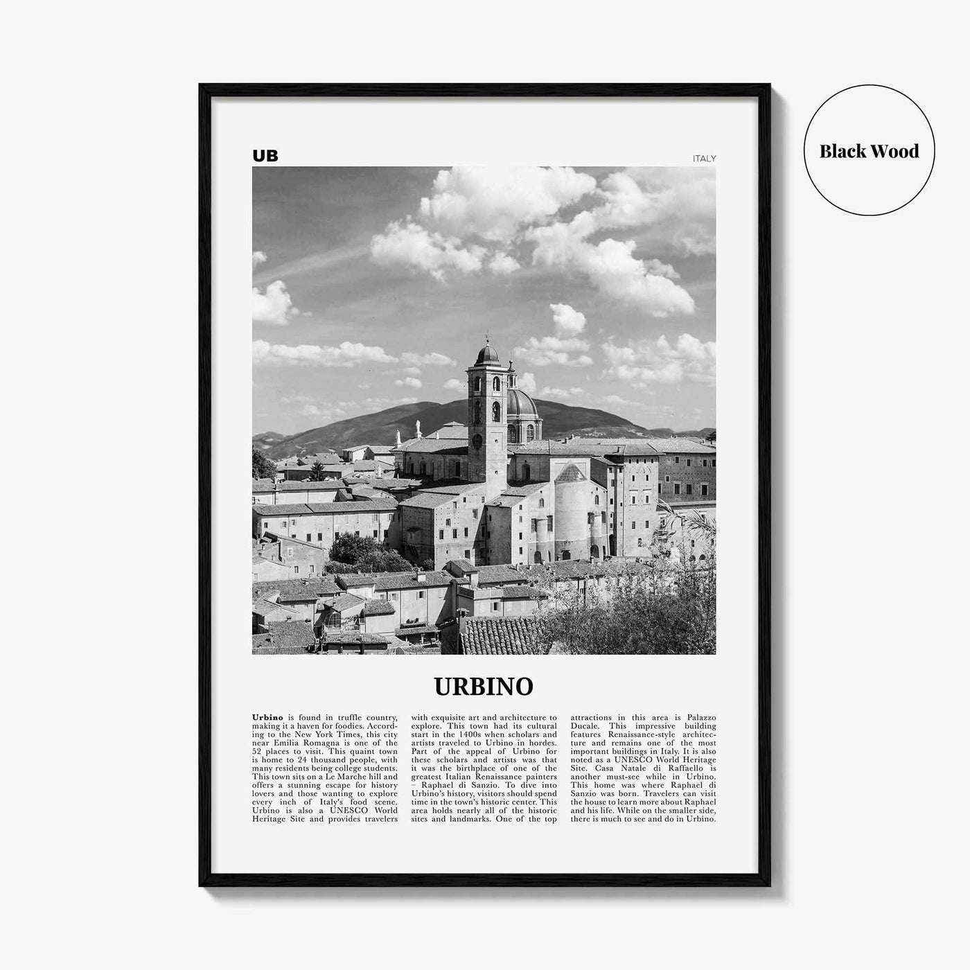 Urbino Print Black and White, Urbino Wall Art, Urbino Poster, Urbino Photo, Urbino Wall Décor, Urbino Map, Italy