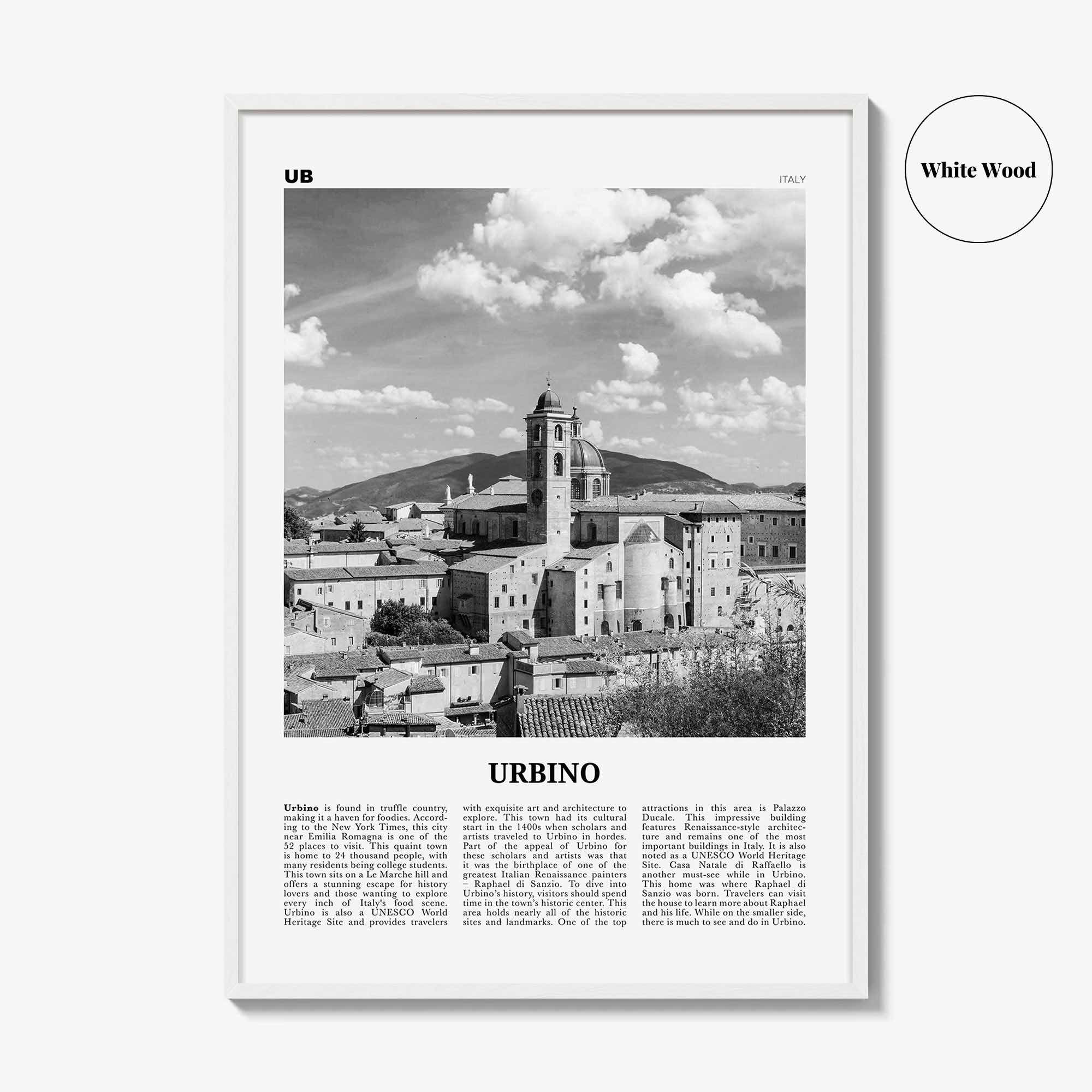 Urbino Print Black and White, Urbino Wall Art, Urbino Poster, Urbino Photo, Urbino Wall Décor, Urbino Map, Italy