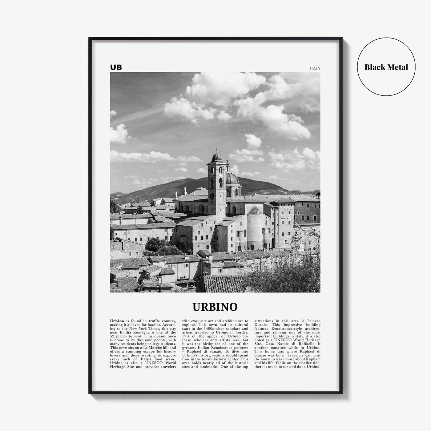 Urbino Print Black and White, Urbino Wall Art, Urbino Poster, Urbino Photo, Urbino Wall Décor, Urbino Map, Italy