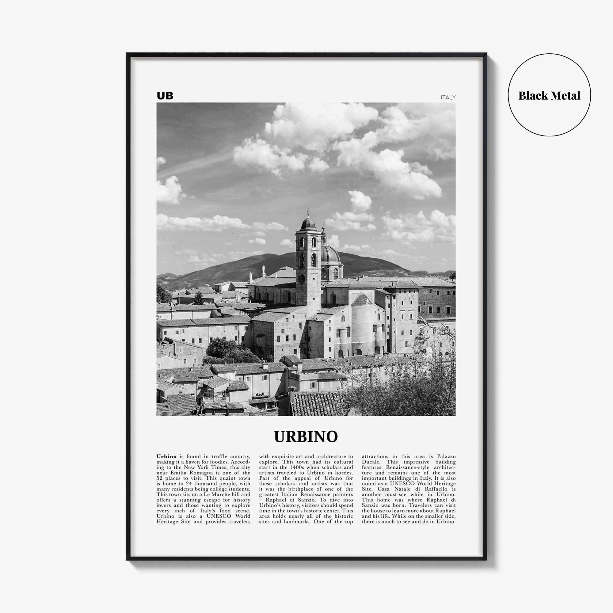 Urbino Print Black and White, Urbino Wall Art, Urbino Poster, Urbino Photo, Urbino Wall Décor, Urbino Map, Italy