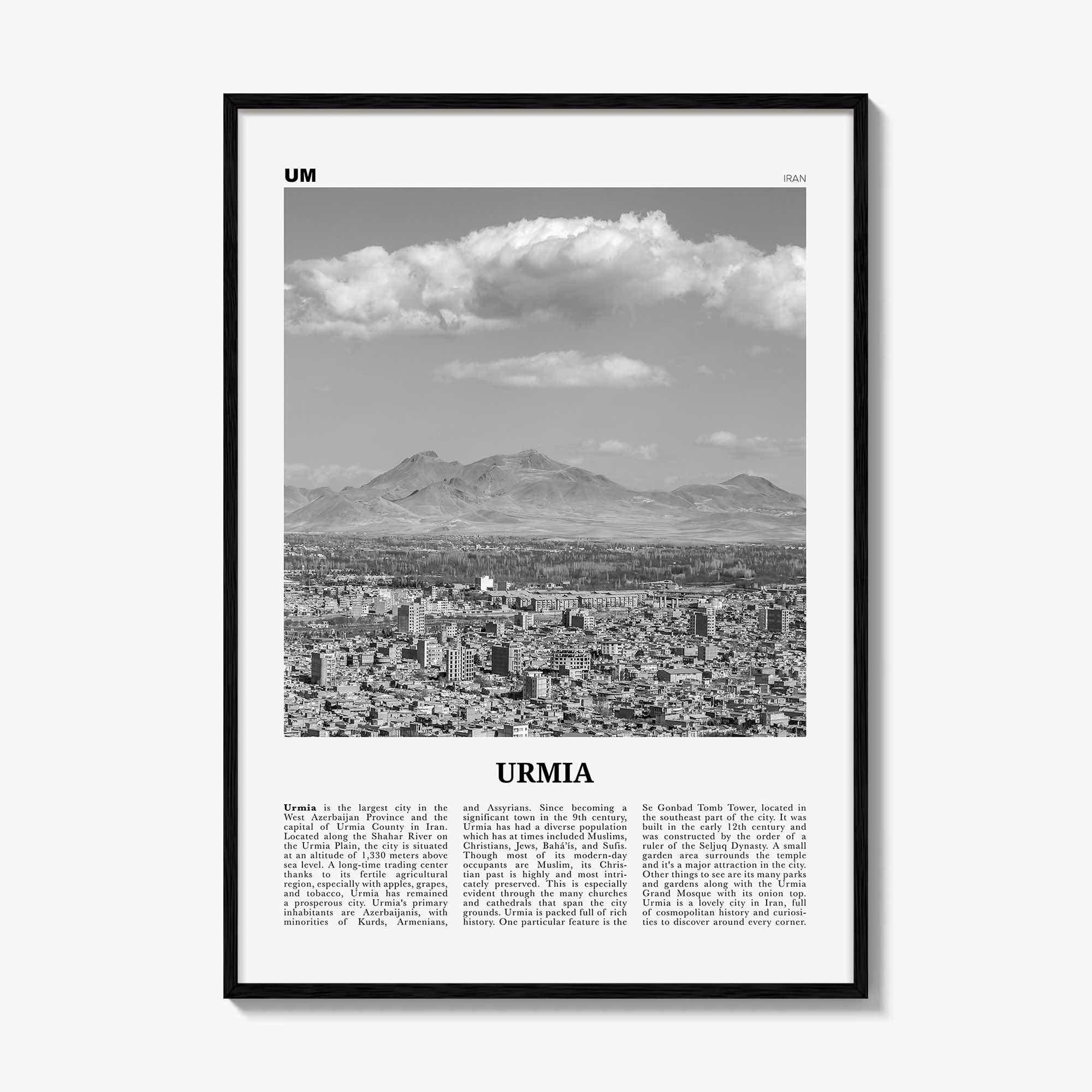 Urmia City Print Black and White, Urmia City Wall Art, Urmia City Poster, Urmia City Photo, Urmia City Wall Décor, Urmia City Map, Iran