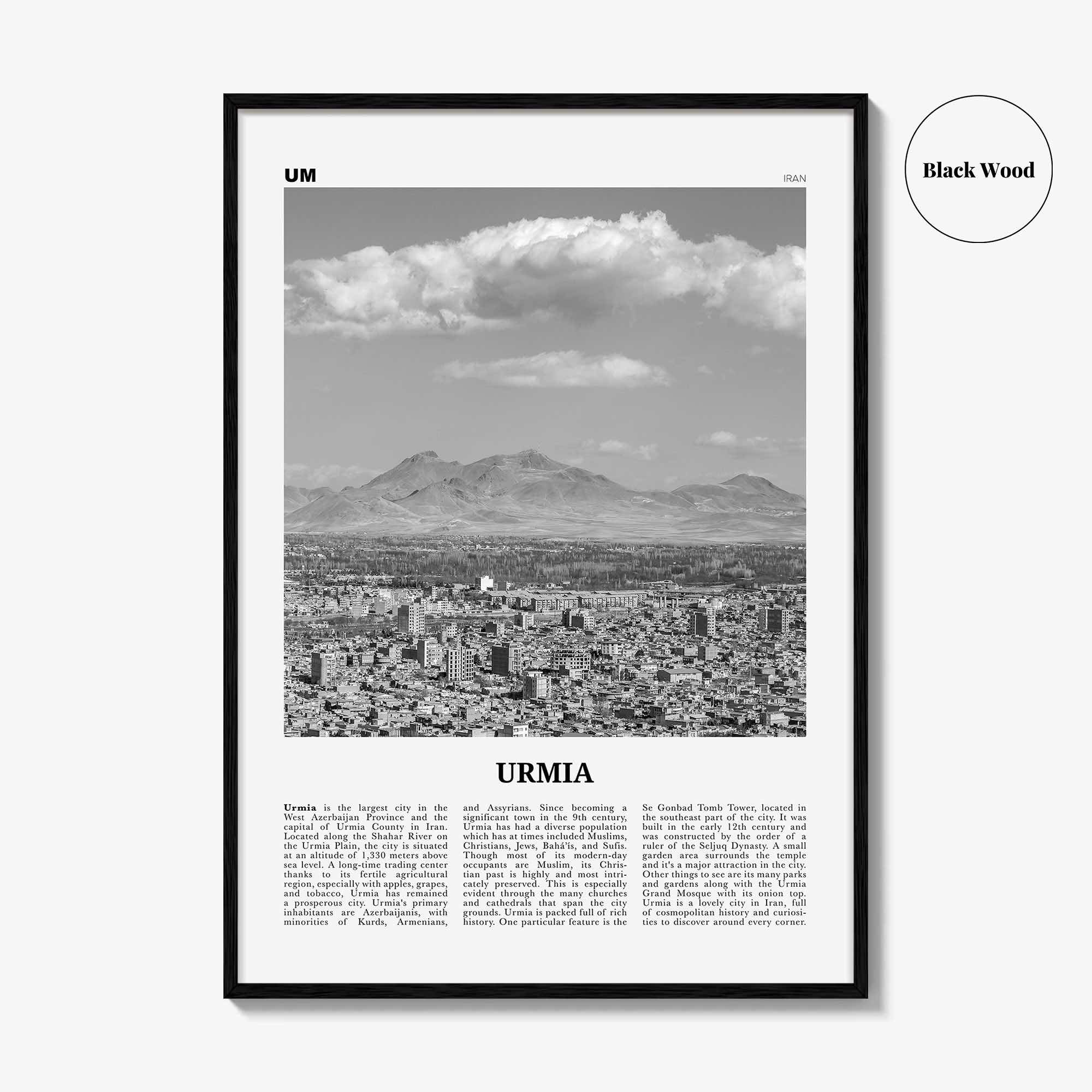 Urmia City Print Black and White, Urmia City Wall Art, Urmia City Poster, Urmia City Photo, Urmia City Wall Décor, Urmia City Map, Iran
