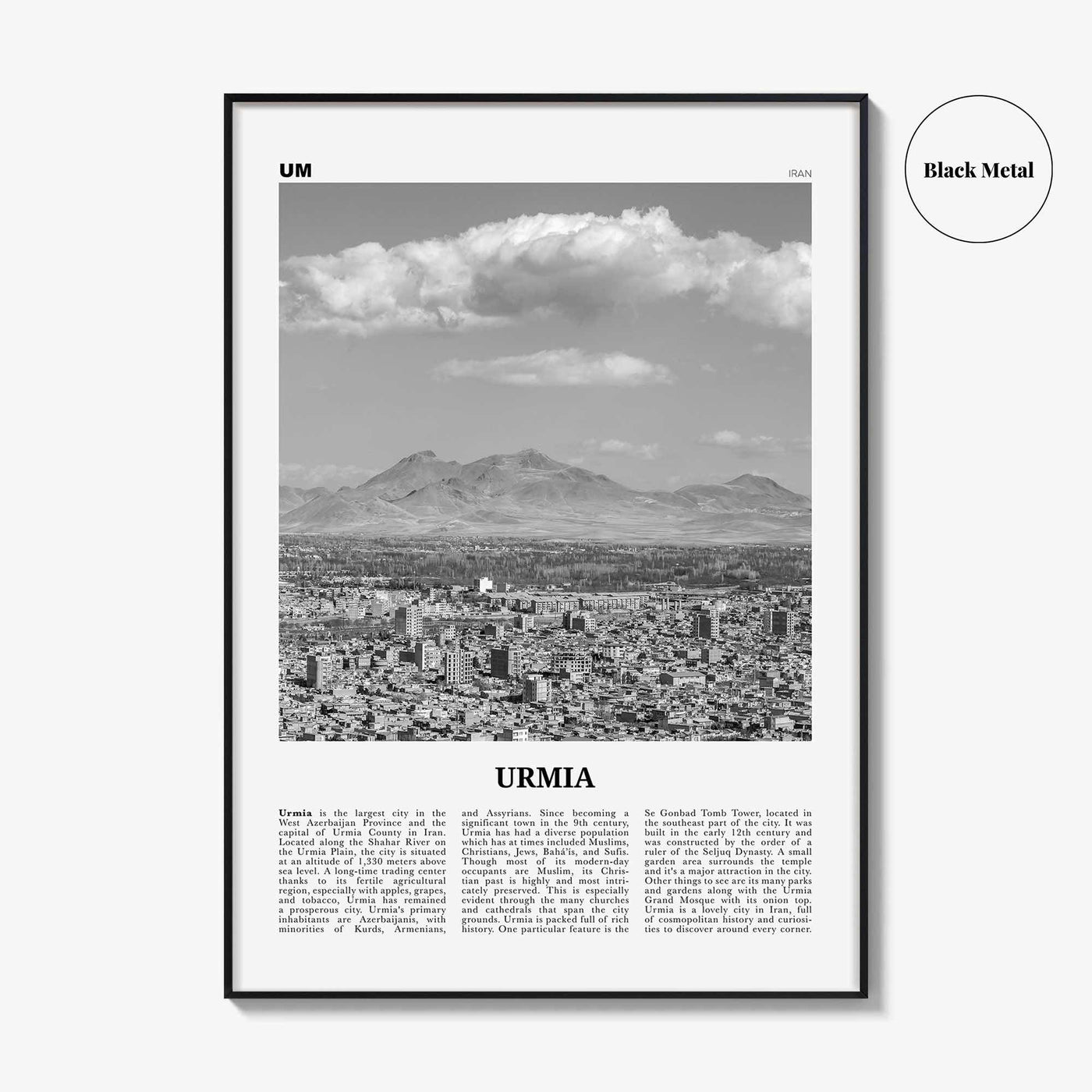 Urmia City Print Black and White, Urmia City Wall Art, Urmia City Poster, Urmia City Photo, Urmia City Wall Décor, Urmia City Map, Iran