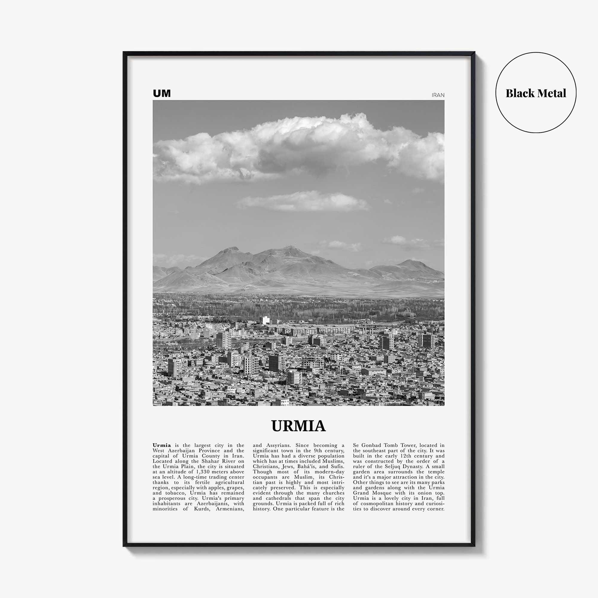 Urmia City Print Black and White, Urmia City Wall Art, Urmia City Poster, Urmia City Photo, Urmia City Wall Décor, Urmia City Map, Iran