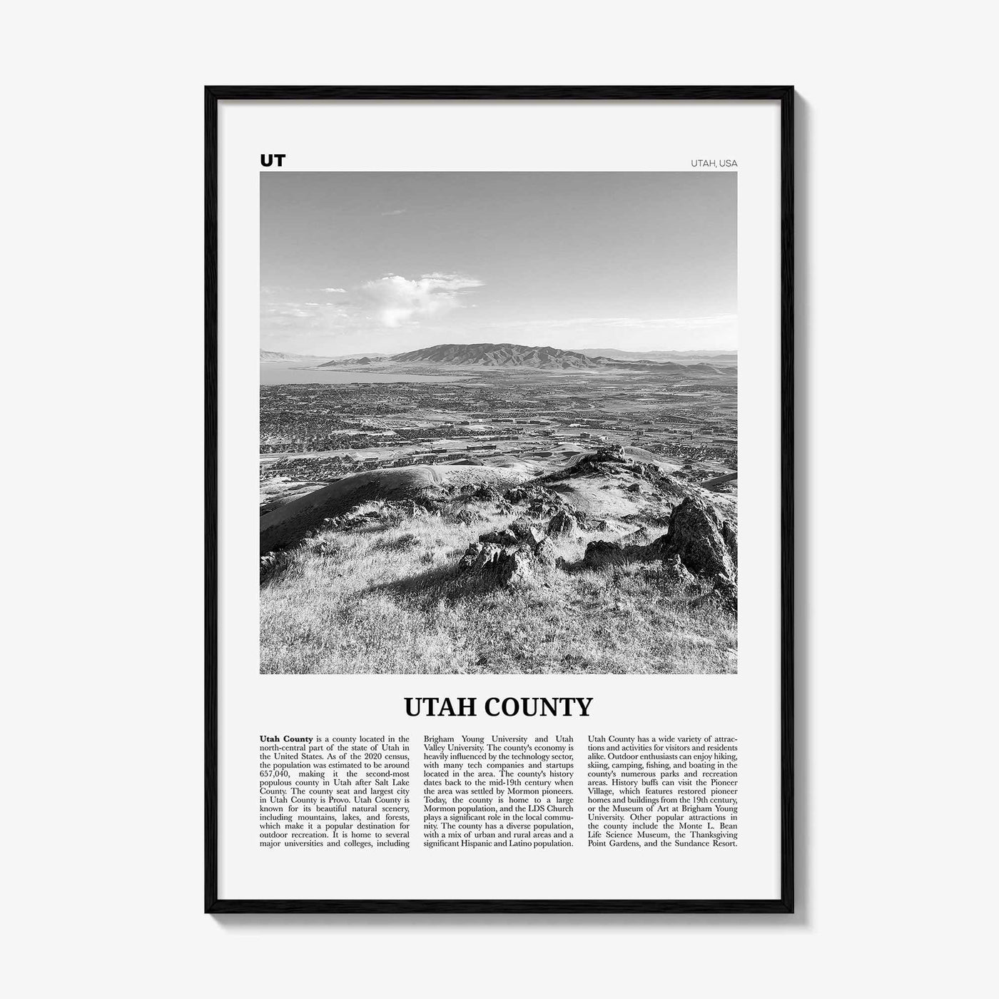 Utah County Print Black and White, Utah County Wall Art, Utah County Poster, Utah County Photo, Utah County Wall Décor, Utah Map, Utah, USA