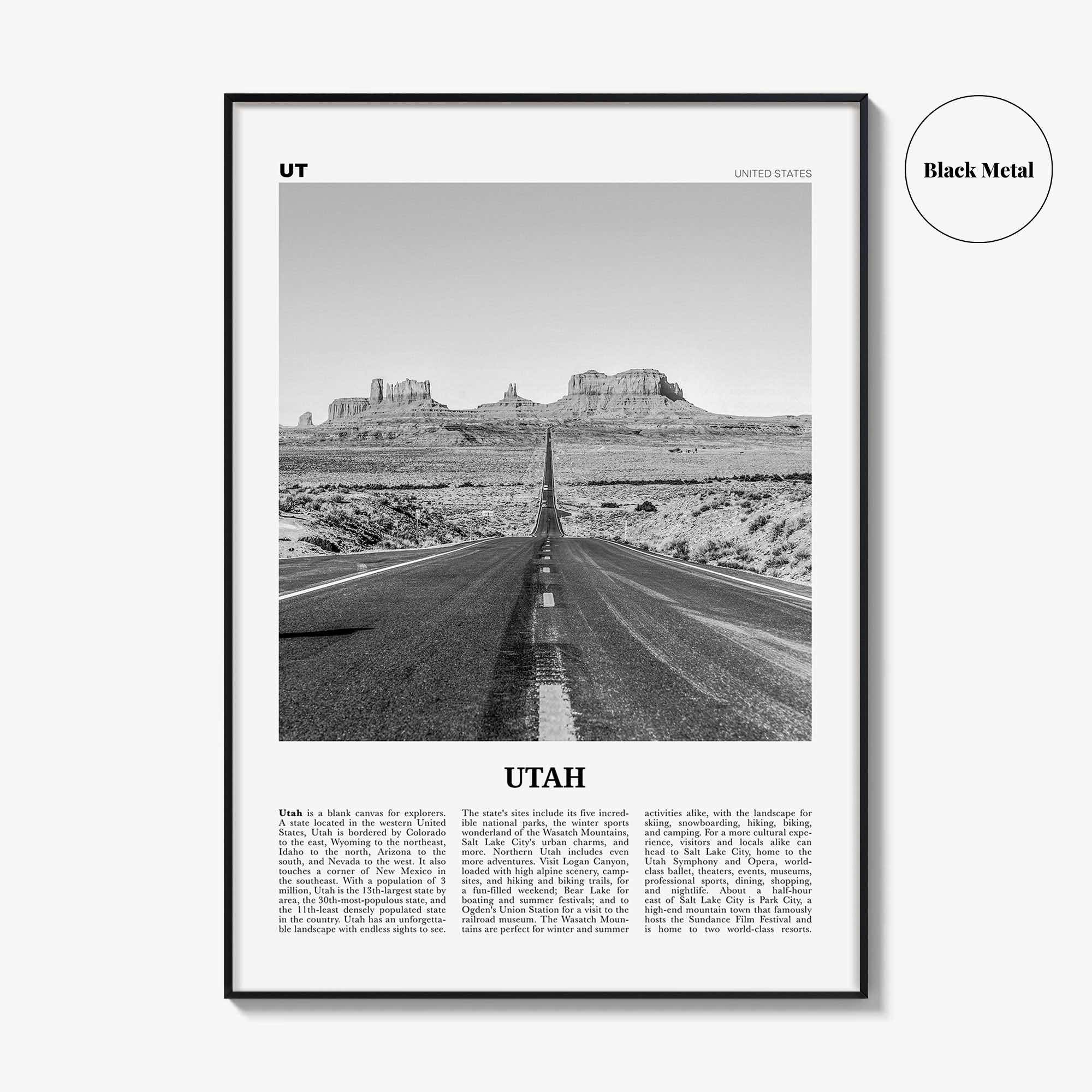 Utah Print Black and White No 1, Utah Wall Art, Utah Poster, Utah Photo, Utah Wall Decor, USA State Art Print, USA, United States