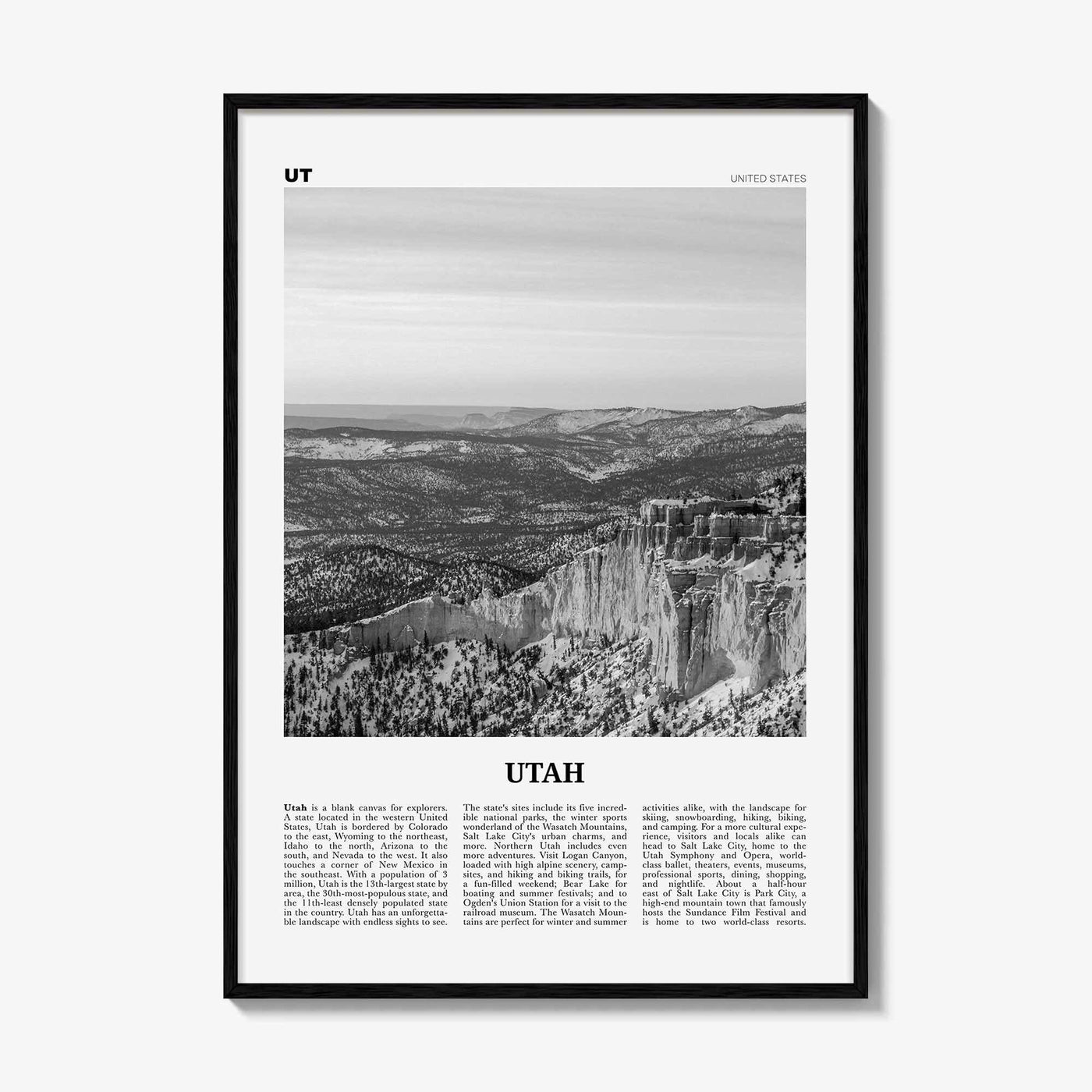 Utah Print Black and White No 2, Utah Wall Art, Utah Poster, Utah Photo, Utah Wall Decor, USA State Art Print, USA, United States