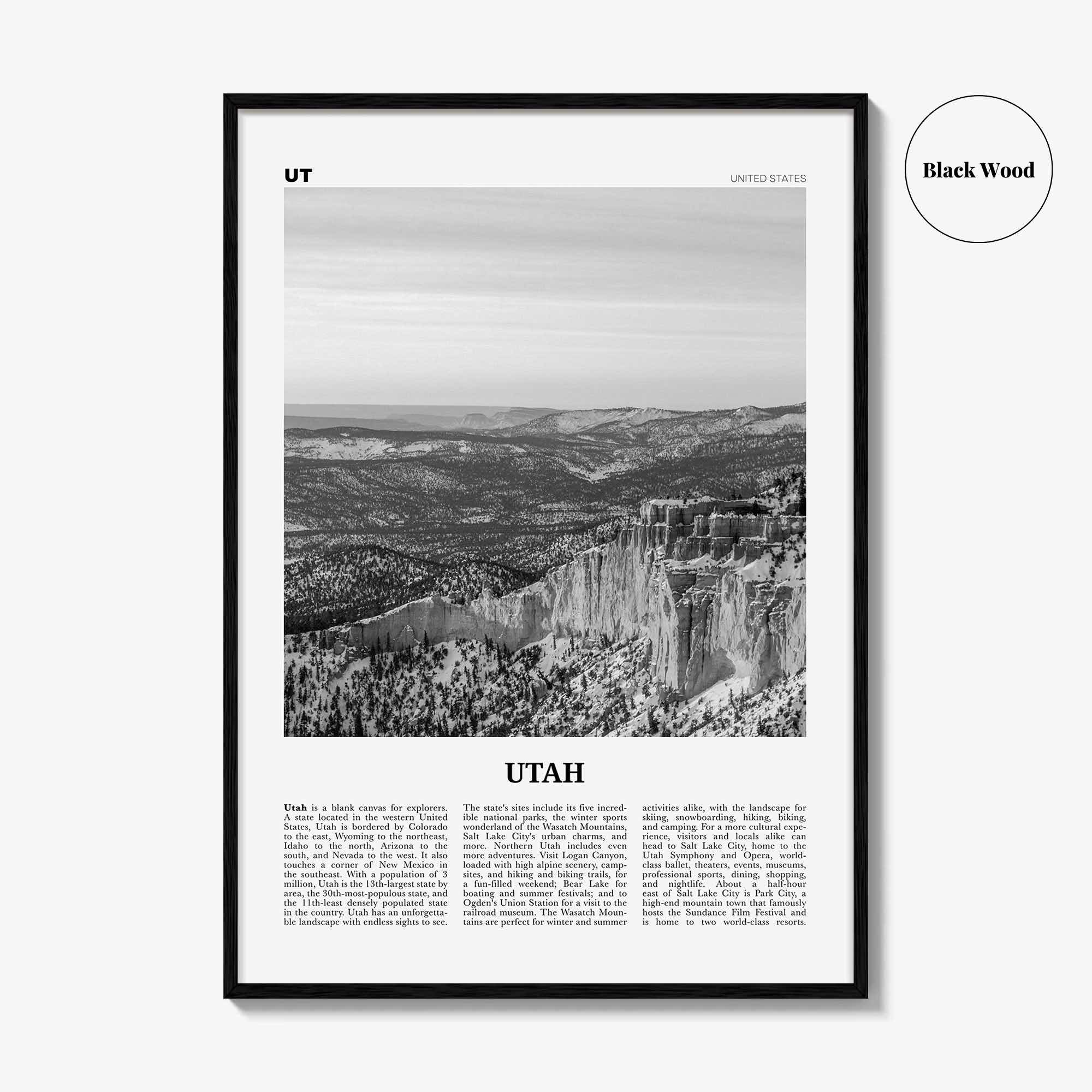 Utah Print Black and White No 2, Utah Wall Art, Utah Poster, Utah Photo, Utah Wall Decor, USA State Art Print, USA, United States