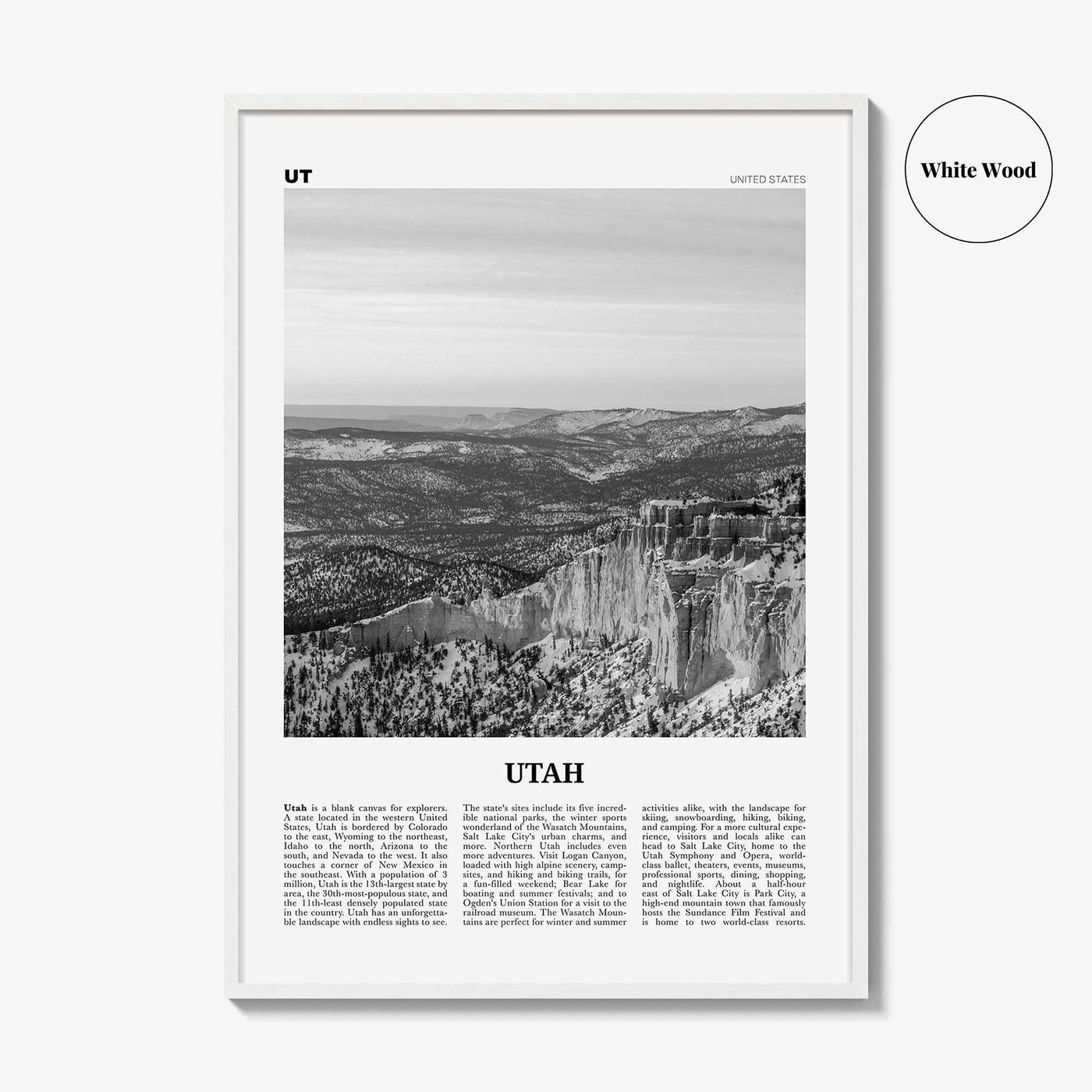 Utah Print Black and White No 2, Utah Wall Art, Utah Poster, Utah Photo, Utah Wall Decor, USA State Art Print, USA, United States