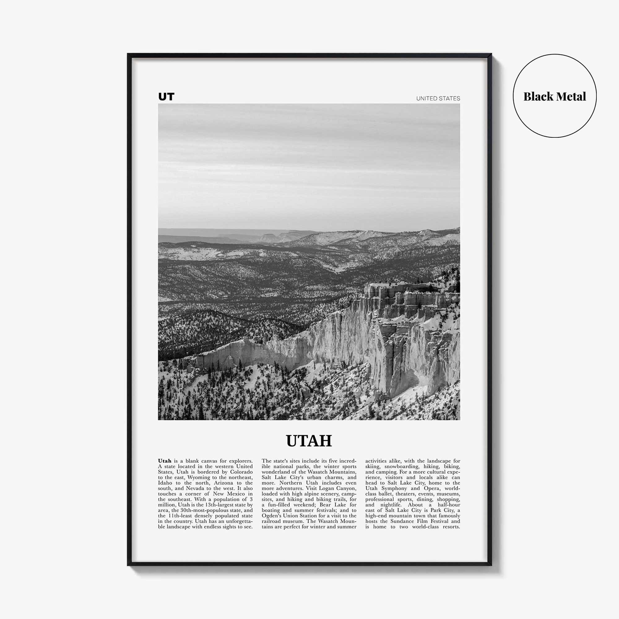 Utah Print Black and White No 2, Utah Wall Art, Utah Poster, Utah Photo, Utah Wall Decor, USA State Art Print, USA, United States