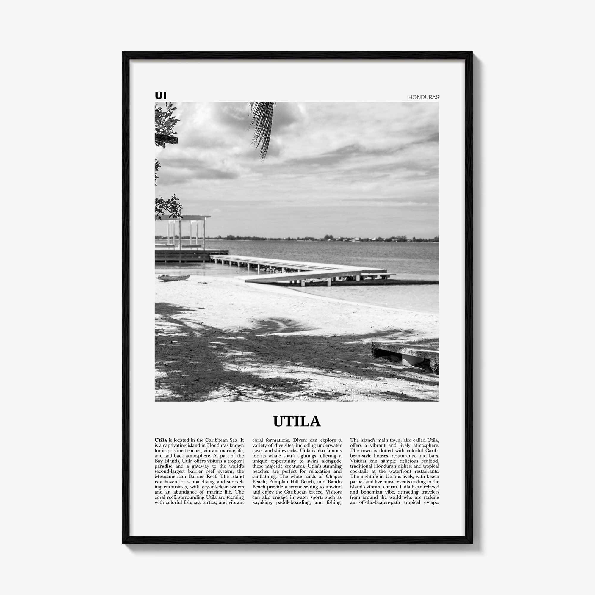 Utila Print Black and White, Utila Wall Art, Utila Poster, Utila Photo, Utila Wall Décor, Utila Map, Honduras