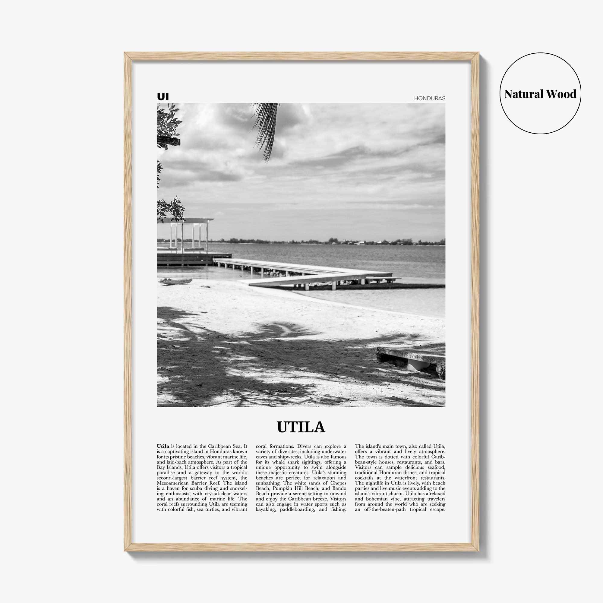 Utila Print Black and White, Utila Wall Art, Utila Poster, Utila Photo, Utila Wall Décor, Utila Map, Honduras
