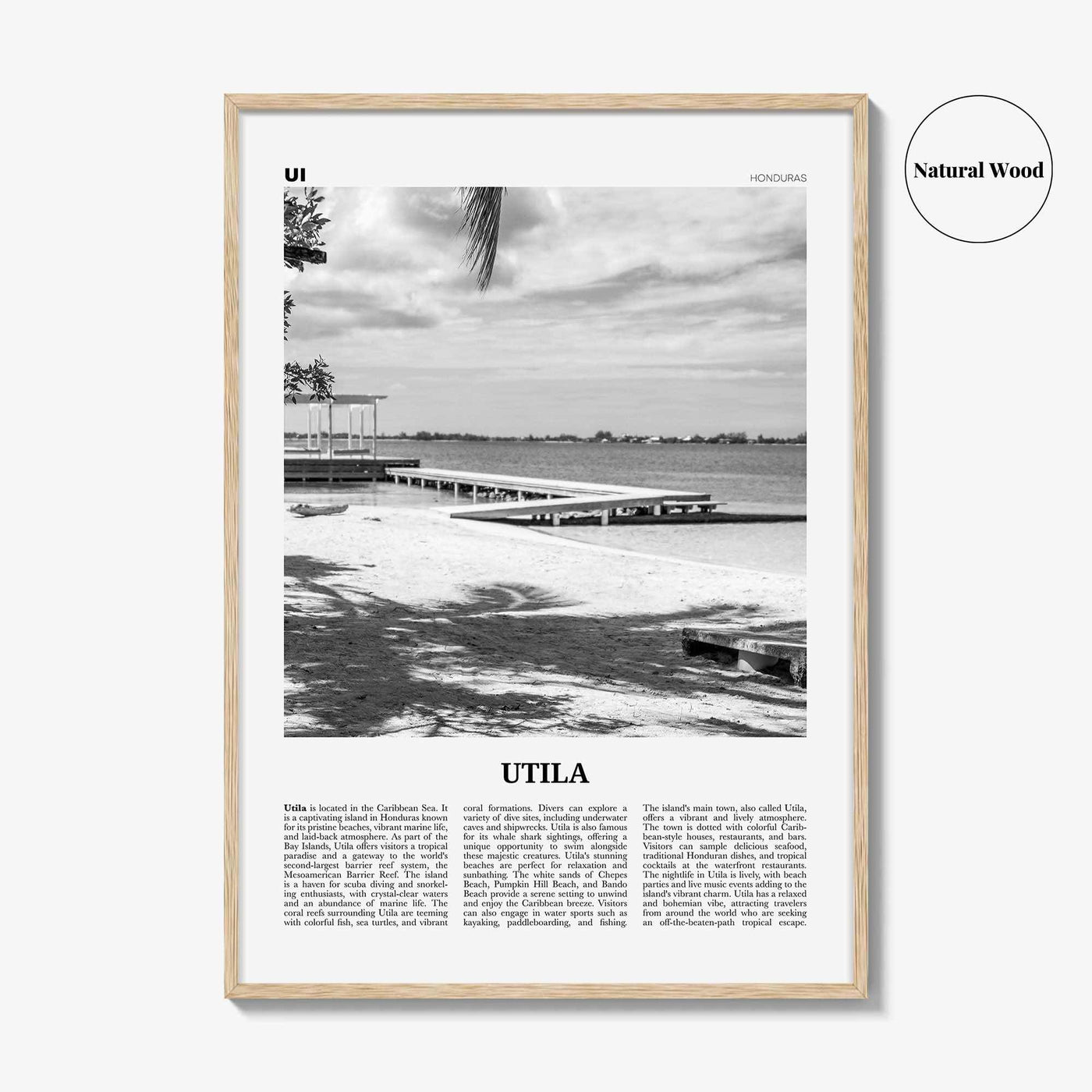 Utila Print Black and White, Utila Wall Art, Utila Poster, Utila Photo, Utila Wall Décor, Utila Map, Honduras