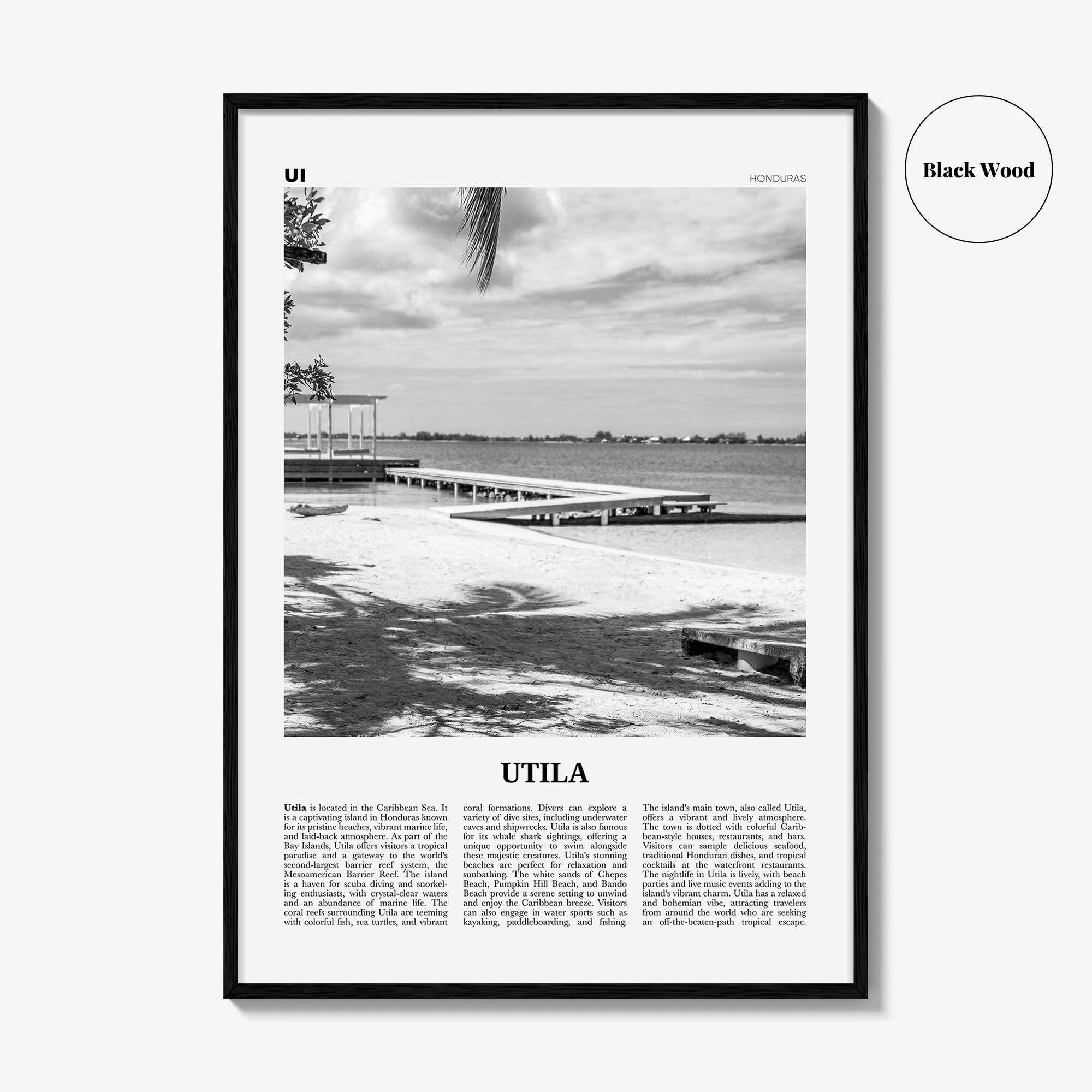 Utila Print Black and White, Utila Wall Art, Utila Poster, Utila Photo, Utila Wall Décor, Utila Map, Honduras