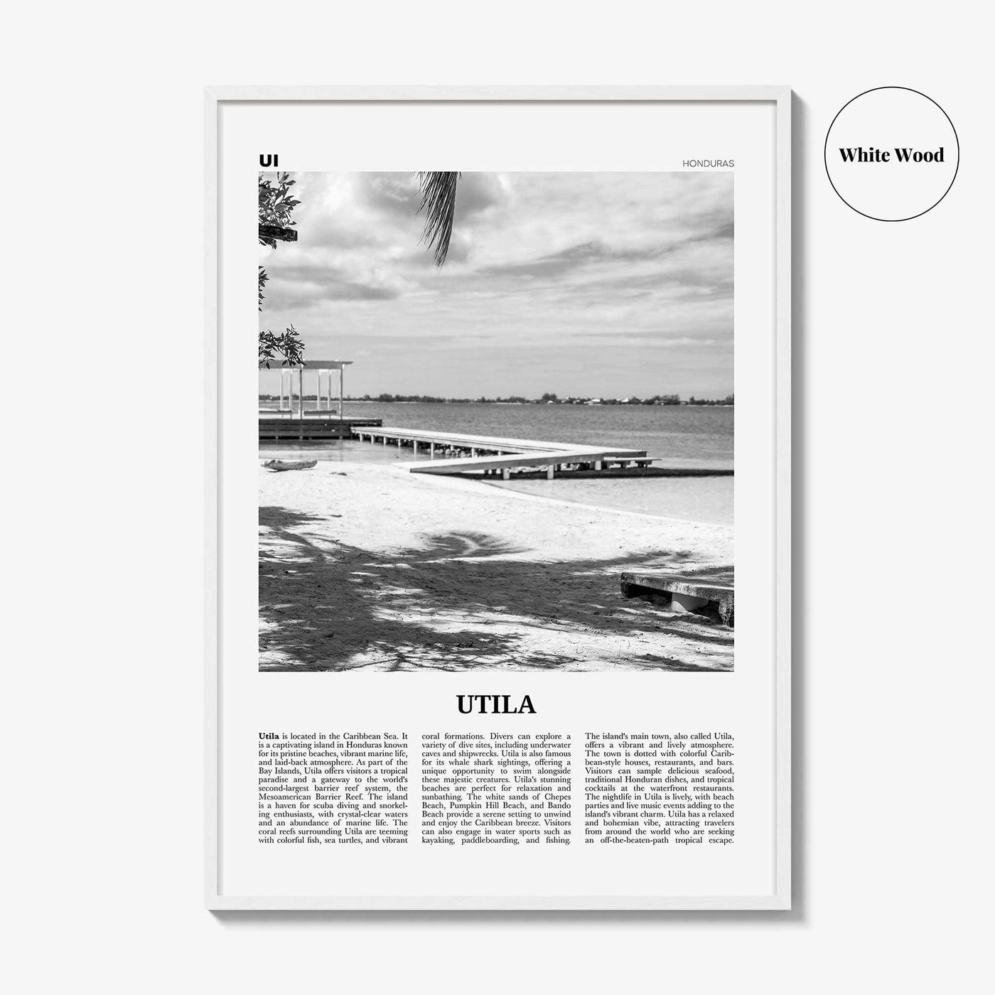Utila Print Black and White, Utila Wall Art, Utila Poster, Utila Photo, Utila Wall Décor, Utila Map, Honduras
