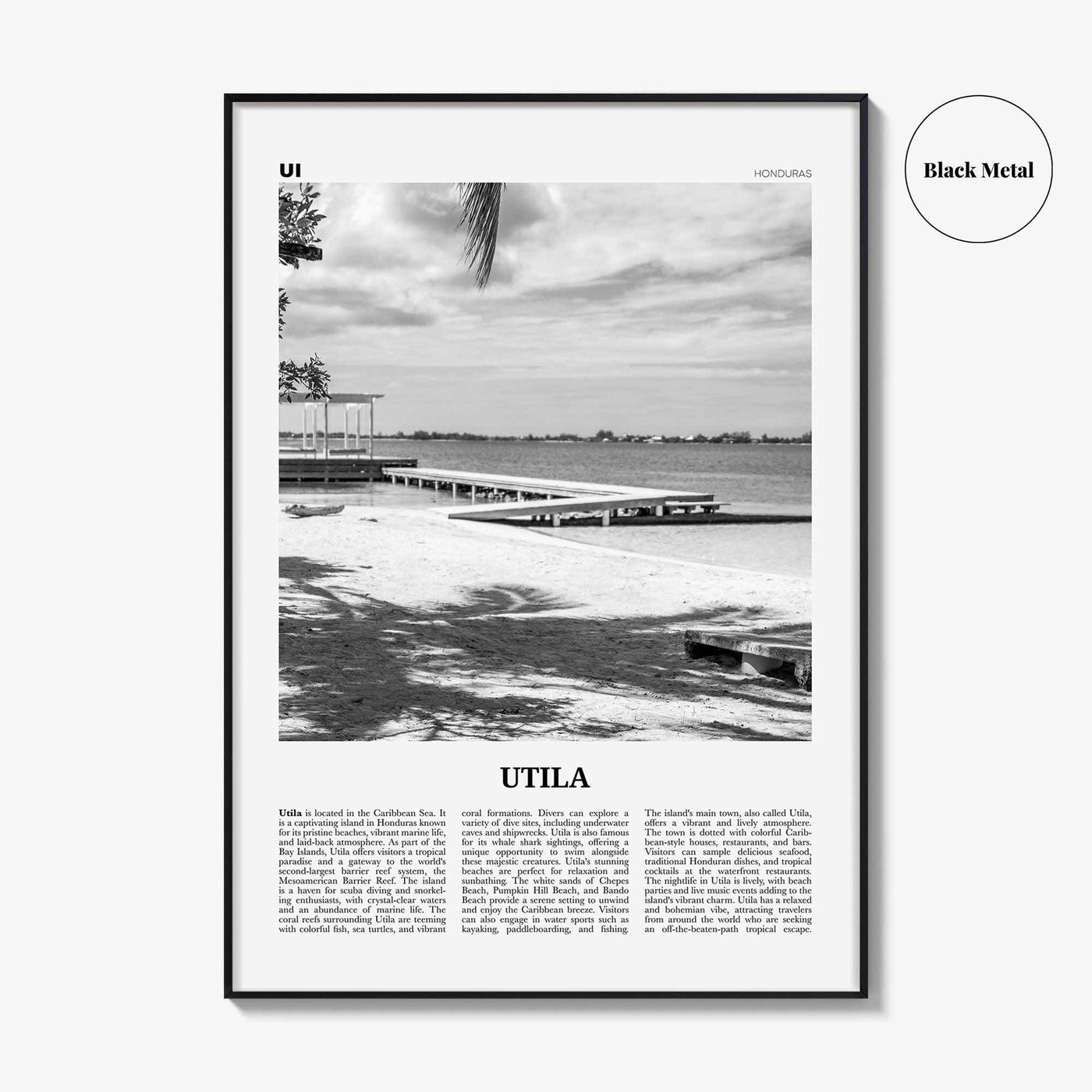 Utila Print Black and White, Utila Wall Art, Utila Poster, Utila Photo, Utila Wall Décor, Utila Map, Honduras