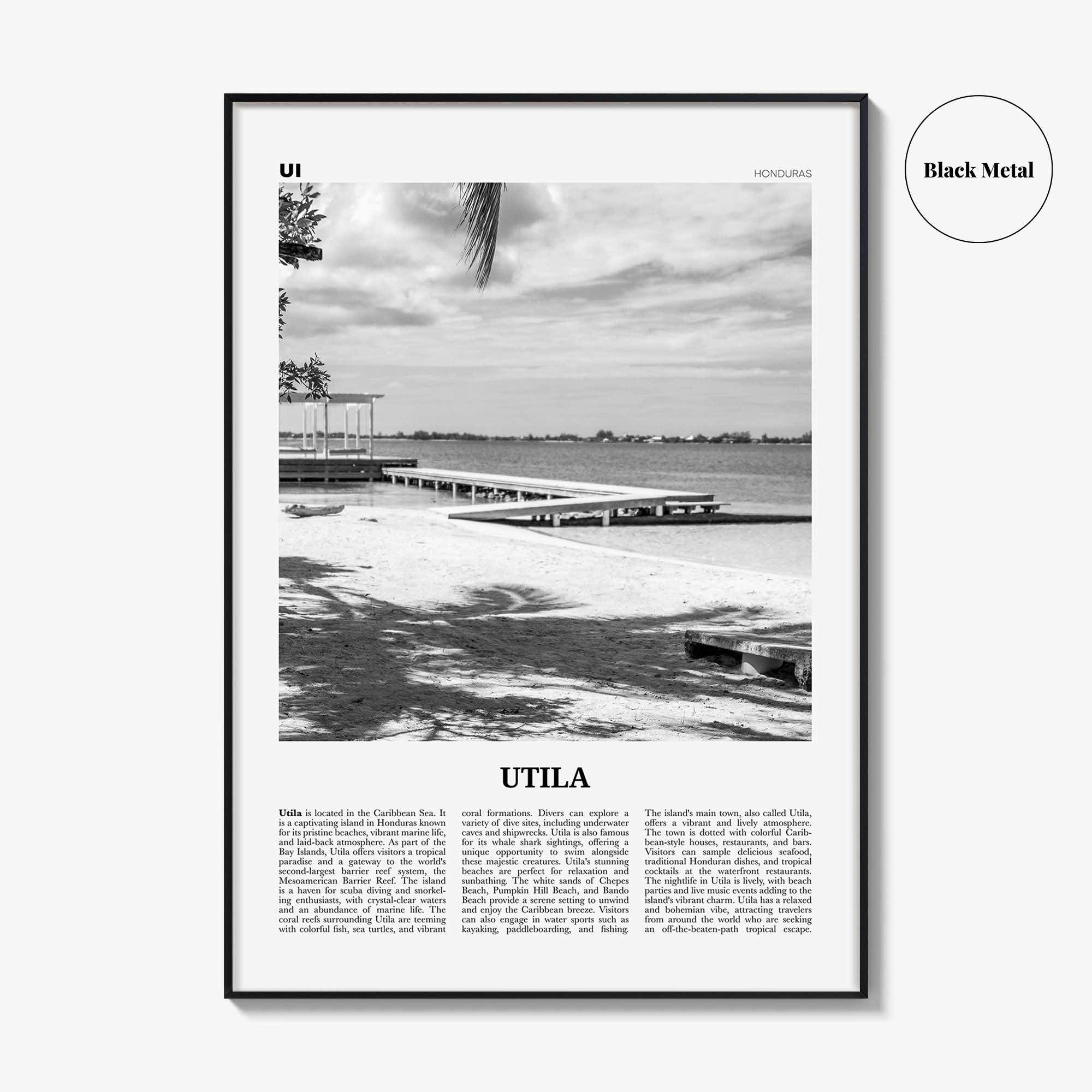 Utila Print Black and White, Utila Wall Art, Utila Poster, Utila Photo, Utila Wall Décor, Utila Map, Honduras