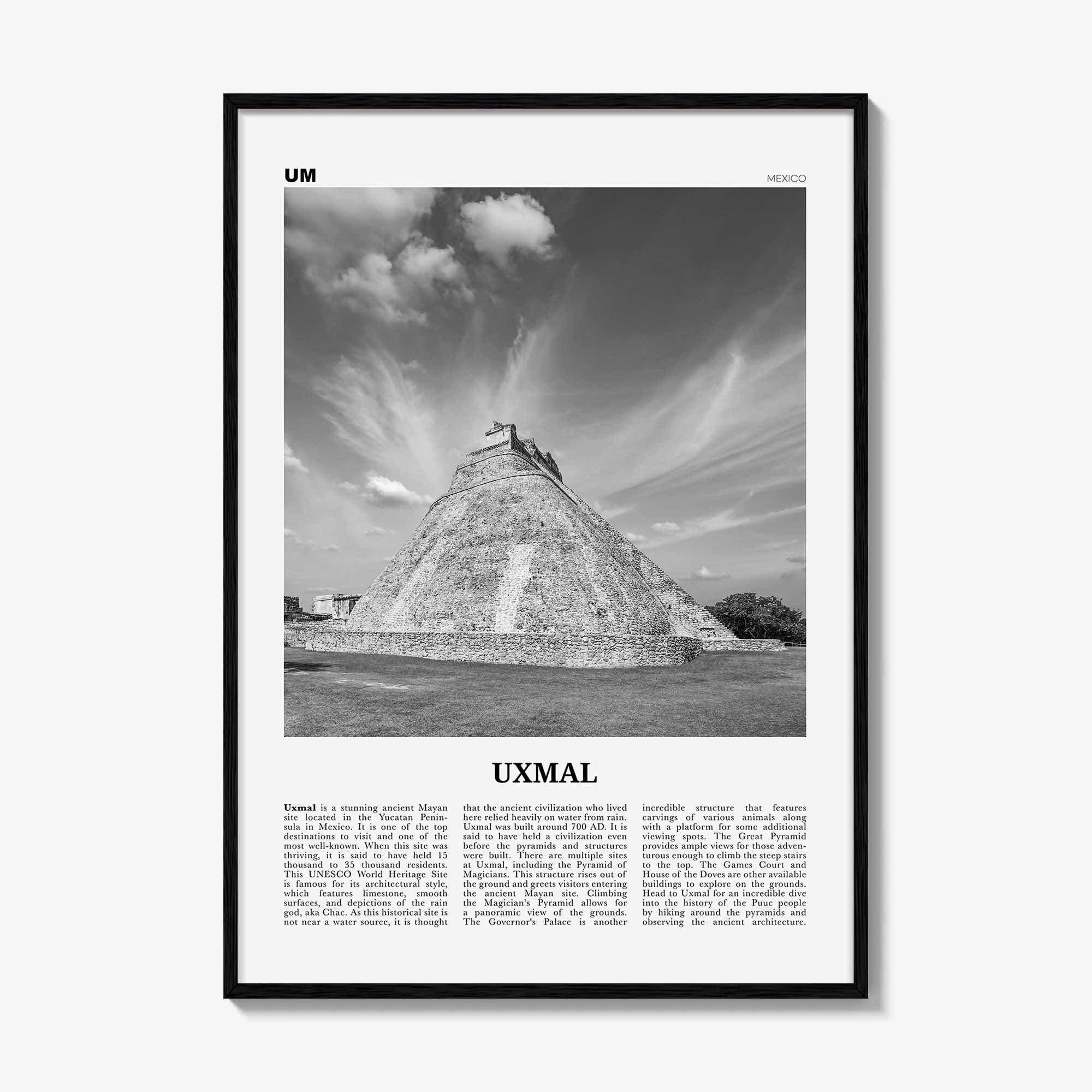 Uxmal Print Black and White, Uxmal Wall Art, Uxmal Poster, Uxmal Photo, Uxmal Wall Décor, Uxmal Map, Mexico