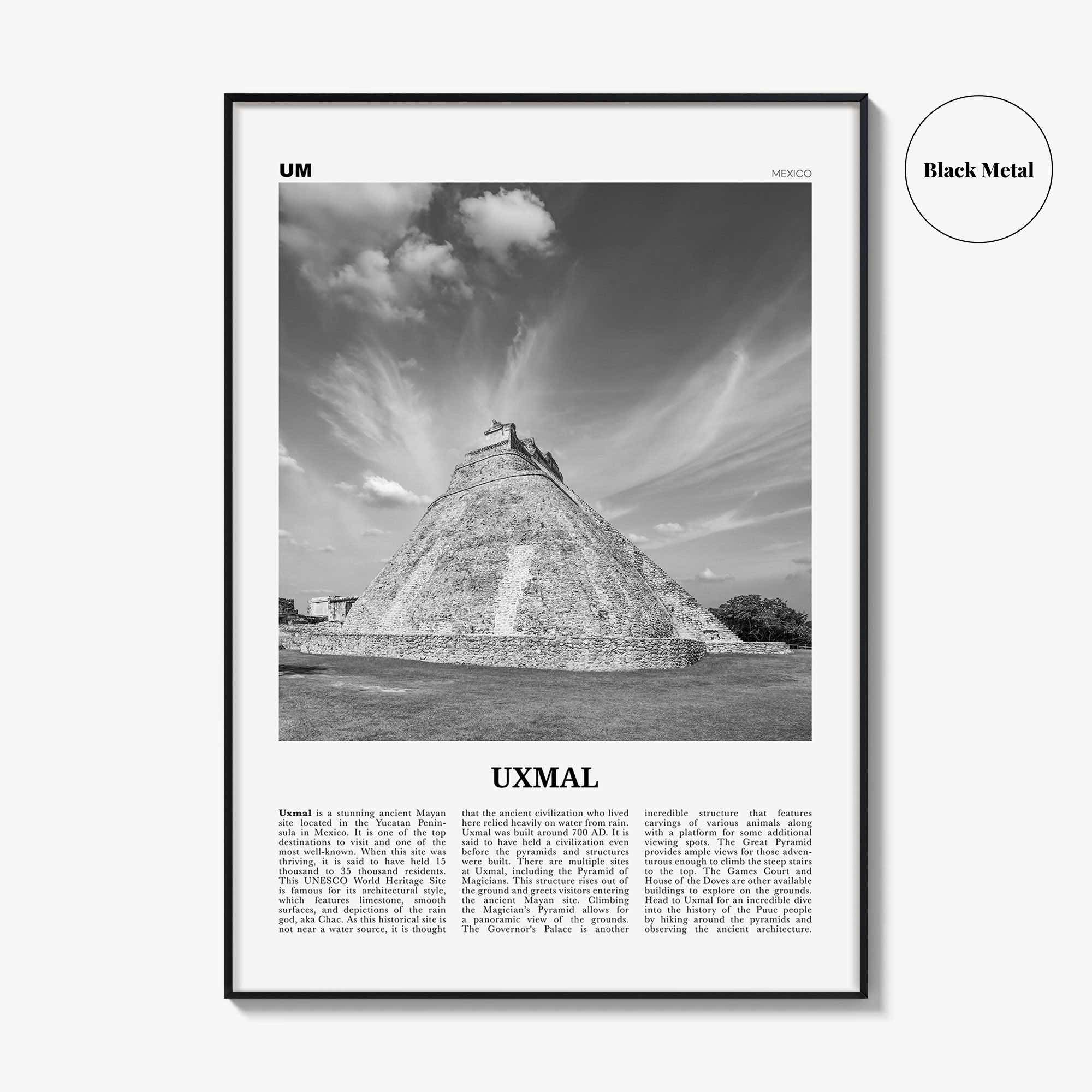 Uxmal Print Black and White, Uxmal Wall Art, Uxmal Poster, Uxmal Photo, Uxmal Wall Décor, Uxmal Map, Mexico