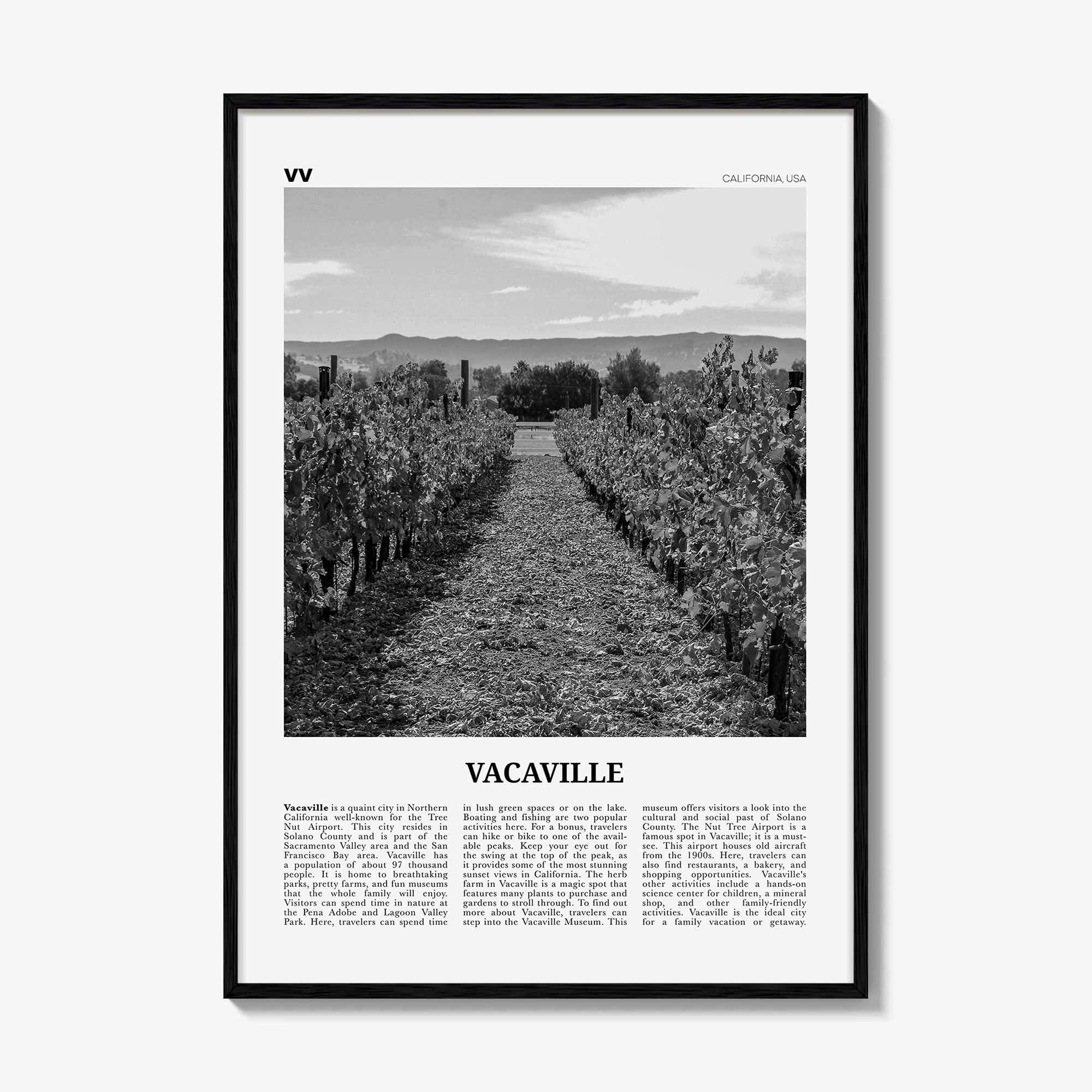 Vacaville Print Black and White, Vacaville Wall Art, Vacaville Poster, Vacaville Photo, Vacaville Wall Décor, Vacaville Map, California, USA