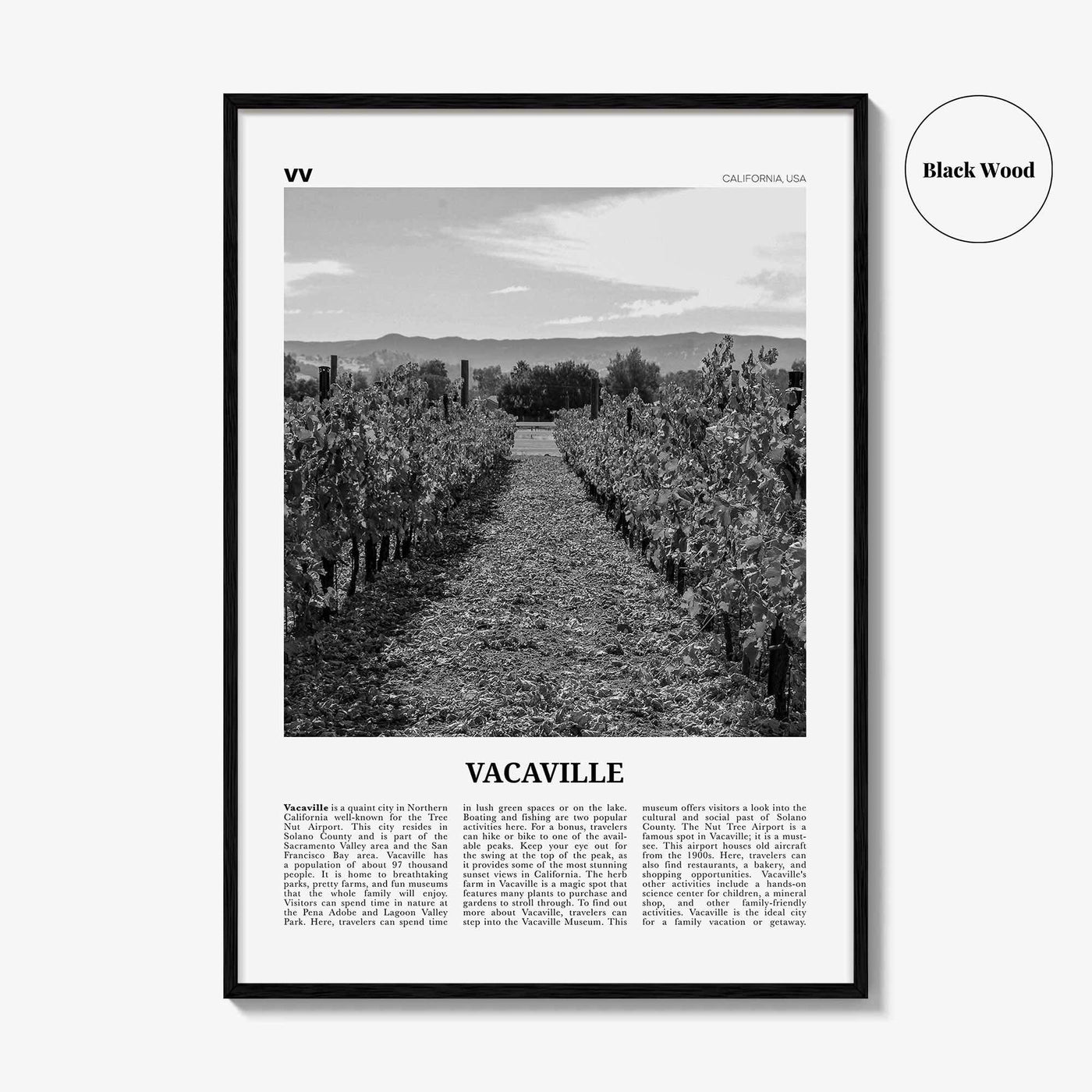 Vacaville Print Black and White, Vacaville Wall Art, Vacaville Poster, Vacaville Photo, Vacaville Wall Décor, Vacaville Map, California, USA