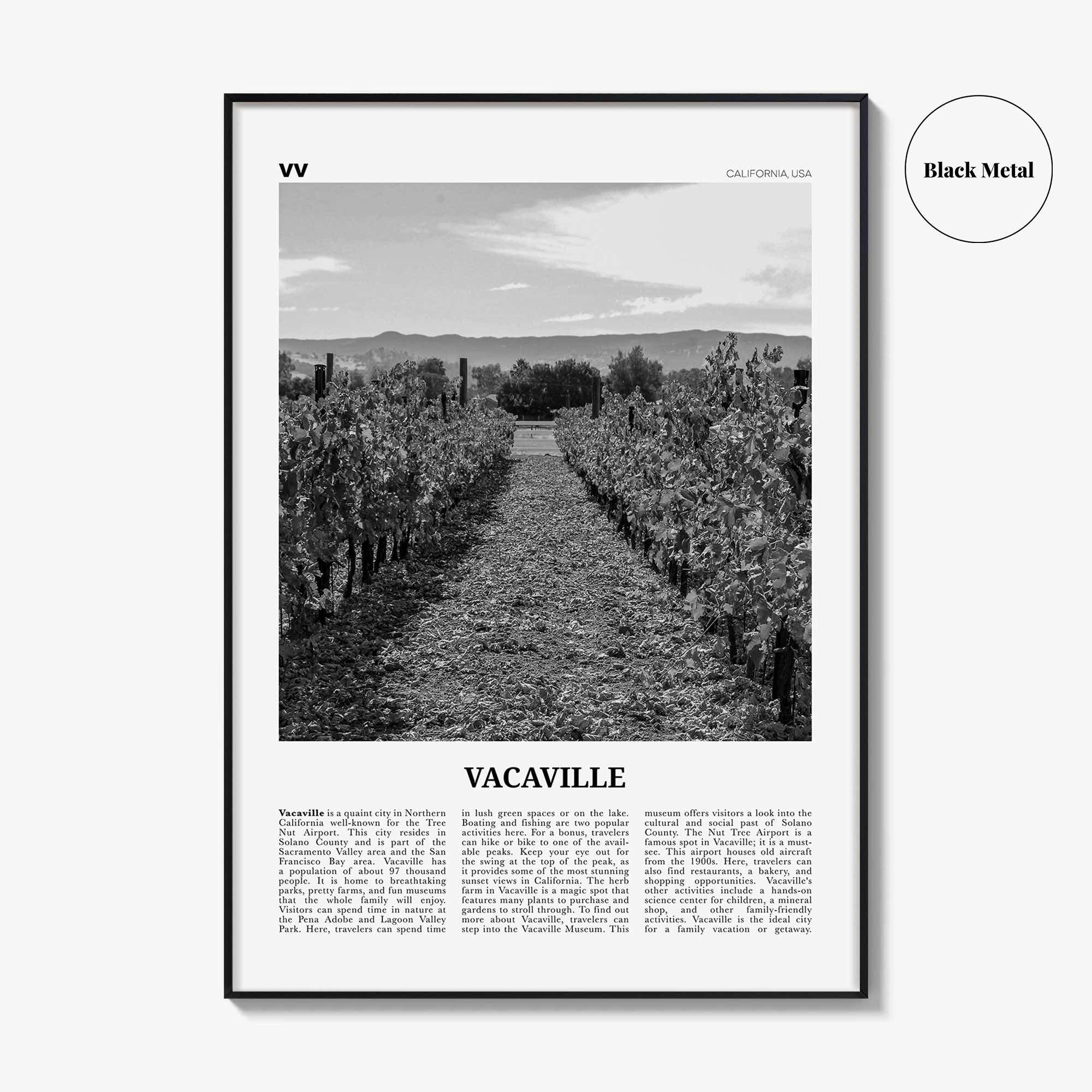 Vacaville Print Black and White, Vacaville Wall Art, Vacaville Poster, Vacaville Photo, Vacaville Wall Décor, Vacaville Map, California, USA