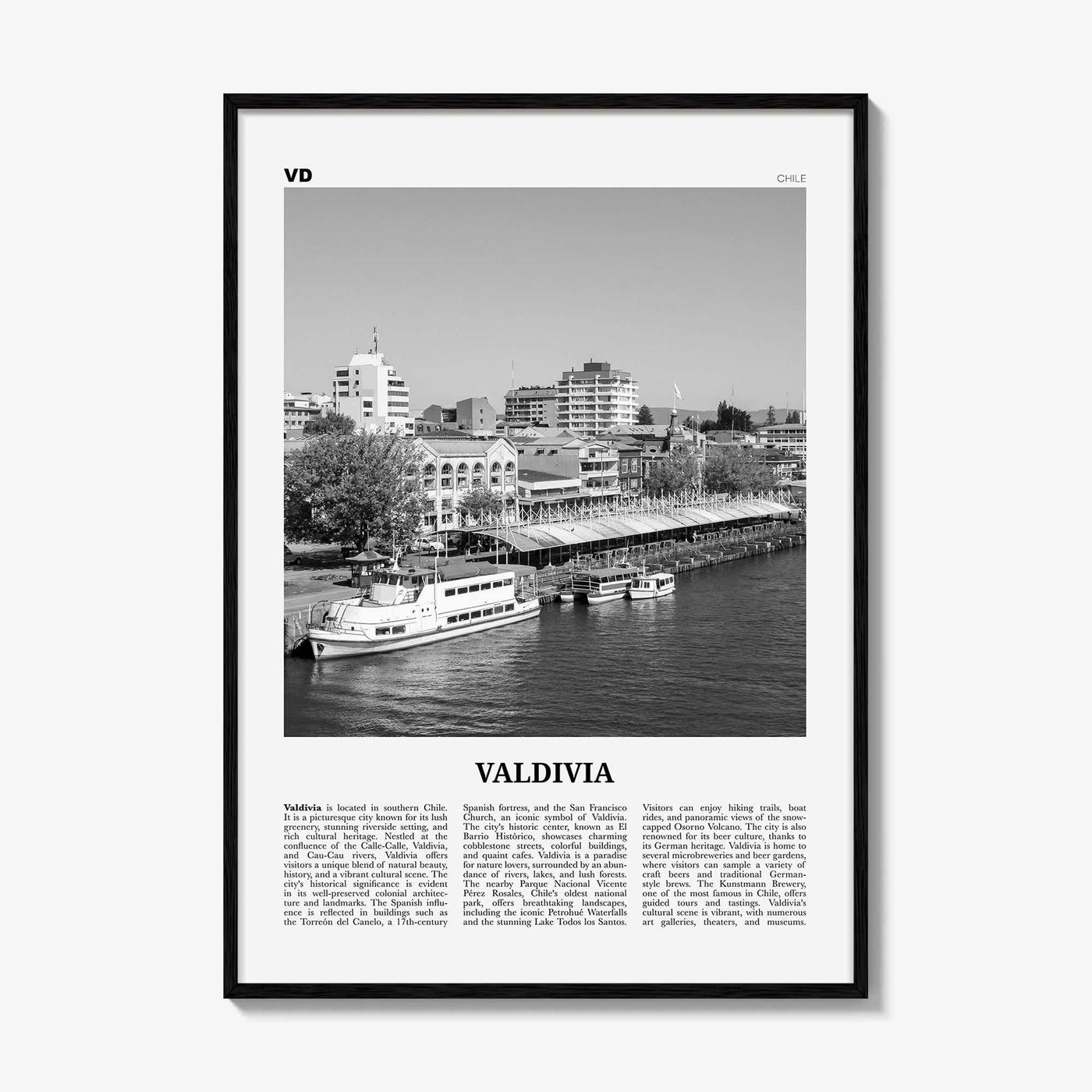 Valdivia Print Black and White, Valdivia Wall Art, Valdivia Poster, Valdivia Photo, Valdivia Wall Décor, Valdivia Map, Chile