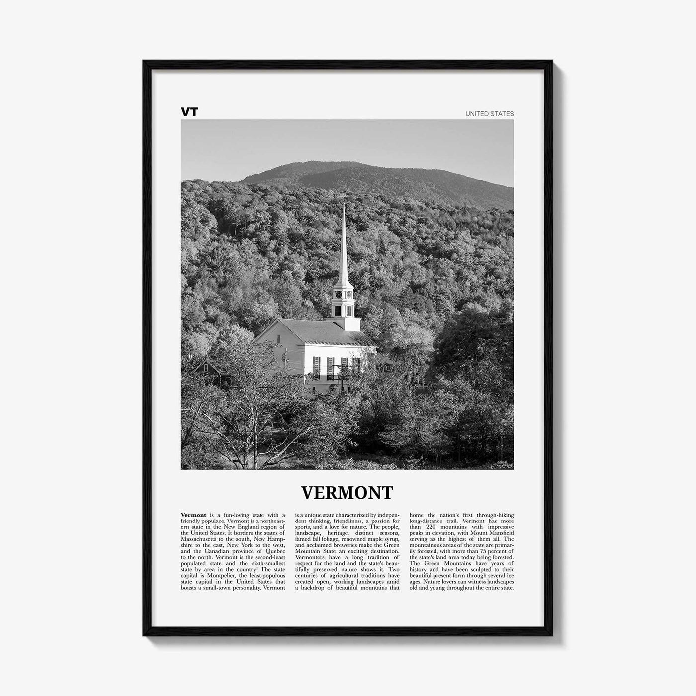 Vermont Print Black and White No 2, Vermont Wall Art, Vermont Poster, Vermont Photo, Vermont Wall Décor, Vermont Map, United States