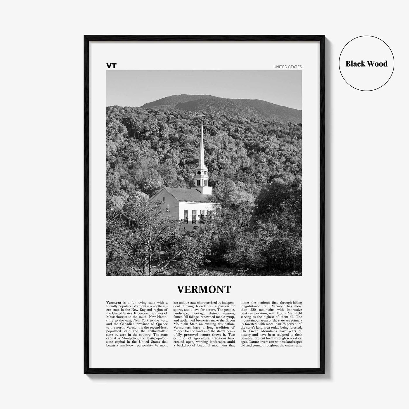 Vermont Print Black and White No 2, Vermont Wall Art, Vermont Poster, Vermont Photo, Vermont Wall Décor, Vermont Map, United States