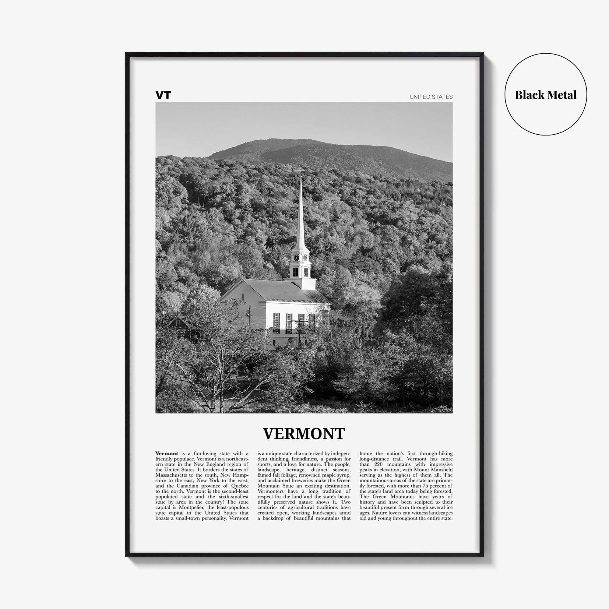 Vermont Print Black and White No 2, Vermont Wall Art, Vermont Poster, Vermont Photo, Vermont Wall Décor, Vermont Map, United States