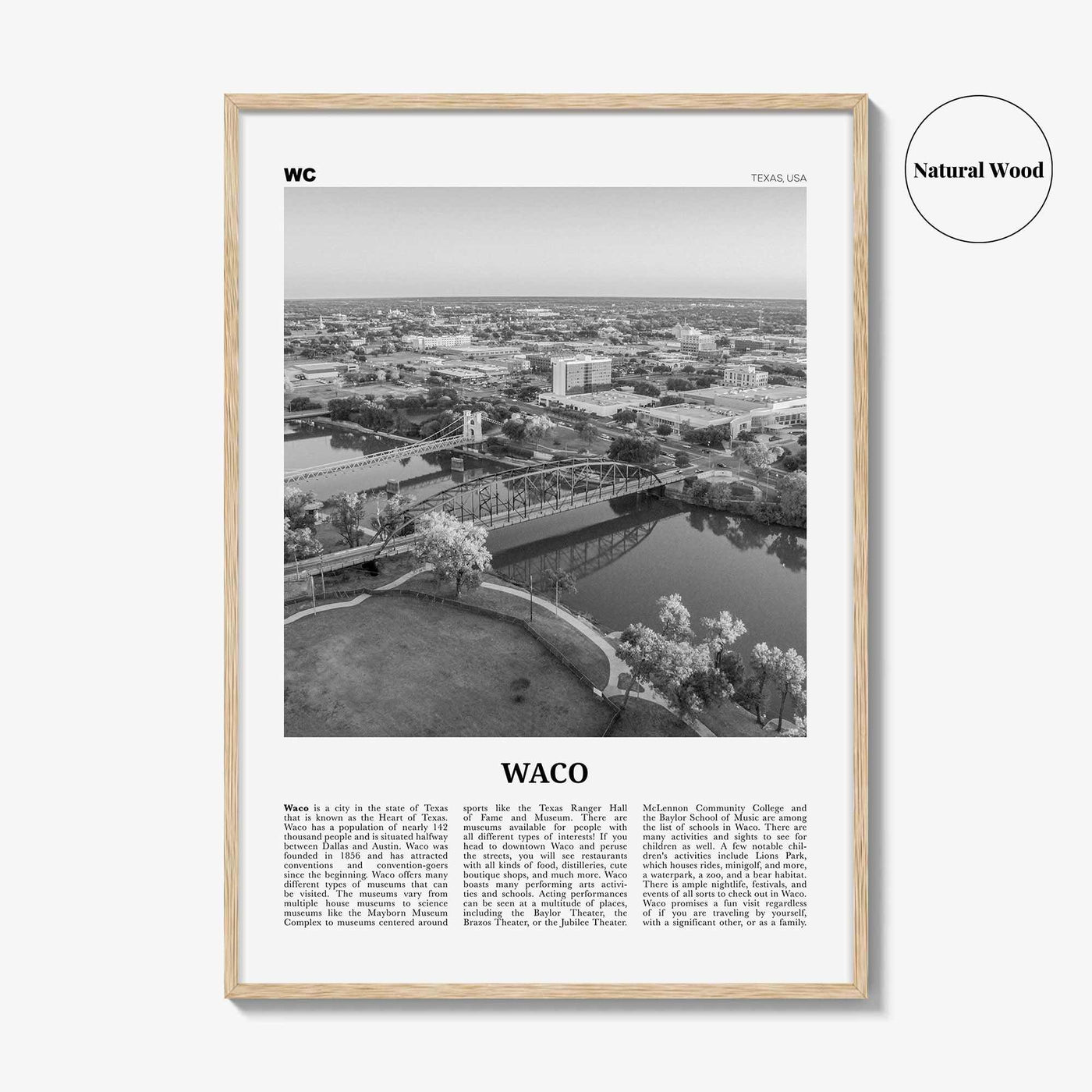 Waco Print Black and White, Waco Wall Art, Waco Poster, Waco Photo, Waco Wall Décor, Texas, USA, United States