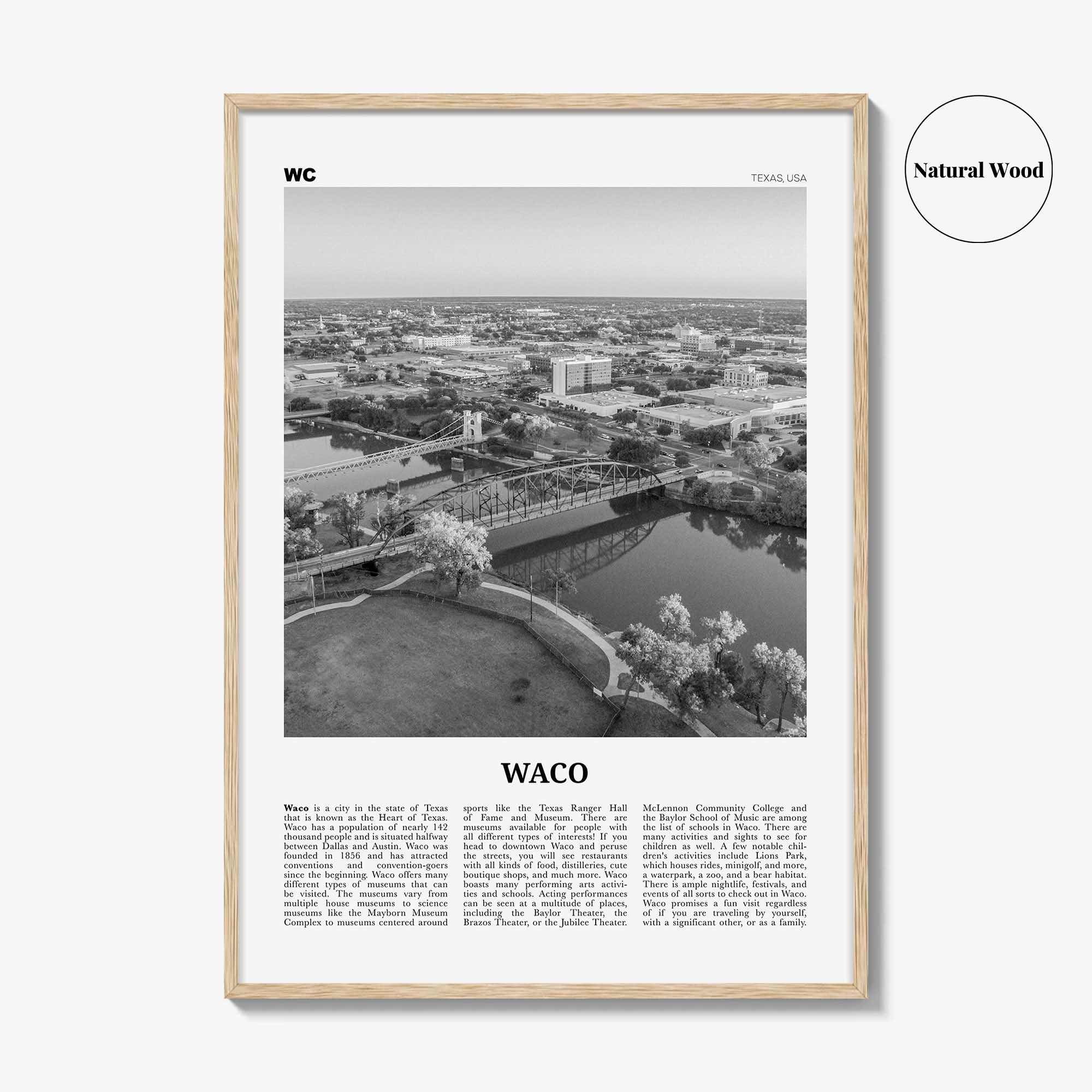 Waco Print Black and White, Waco Wall Art, Waco Poster, Waco Photo, Waco Wall Décor, Texas, USA, United States