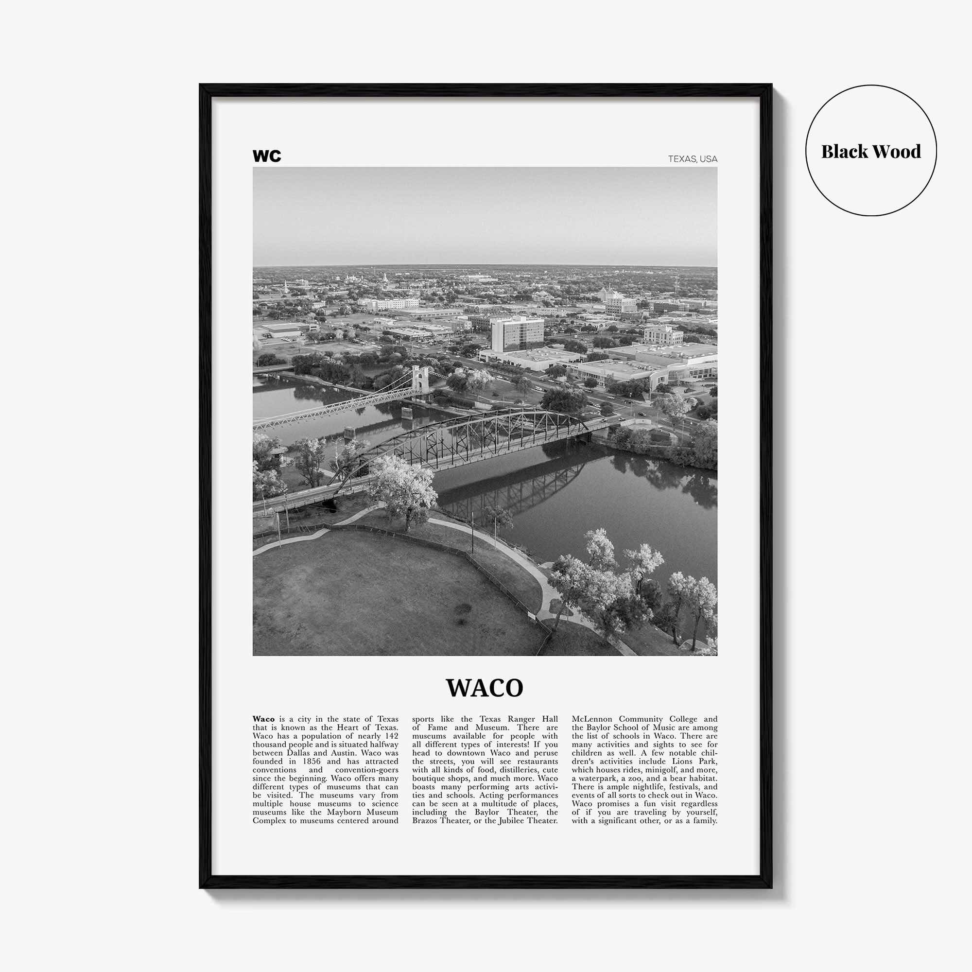 Waco Print Black and White, Waco Wall Art, Waco Poster, Waco Photo, Waco Wall Décor, Texas, USA, United States