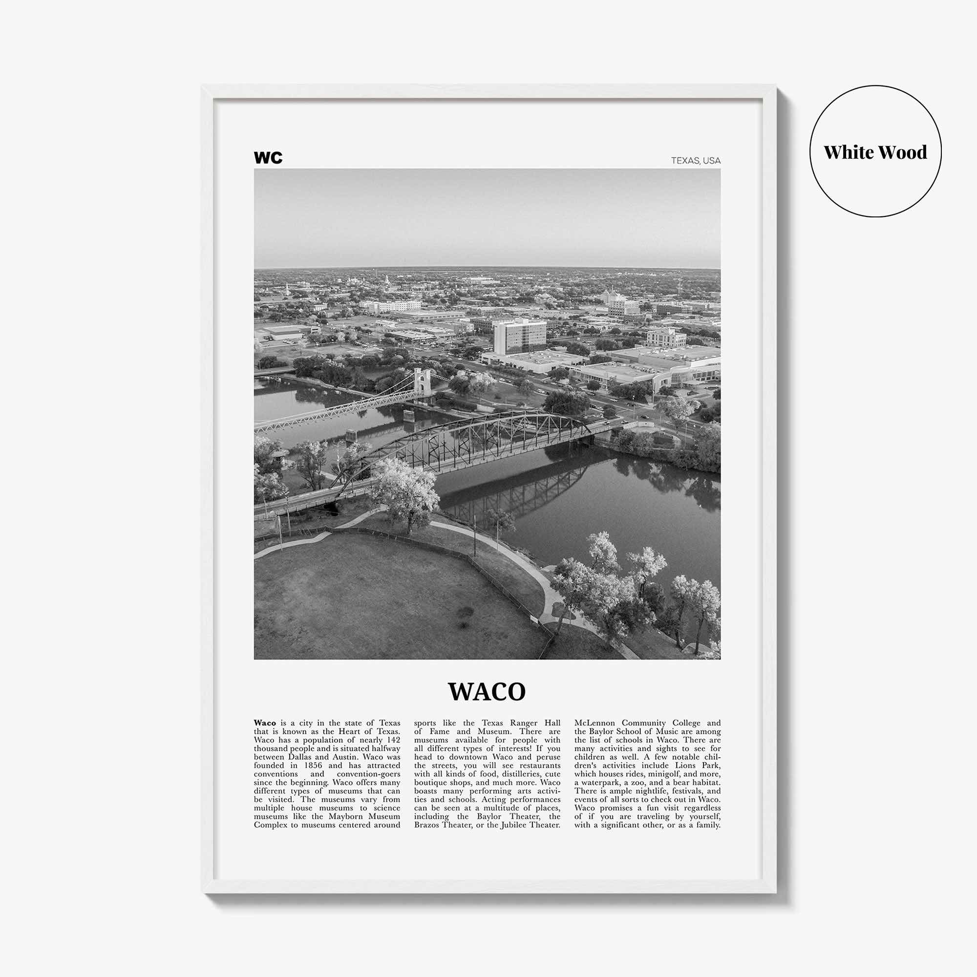 Waco Print Black and White, Waco Wall Art, Waco Poster, Waco Photo, Waco Wall Décor, Texas, USA, United States