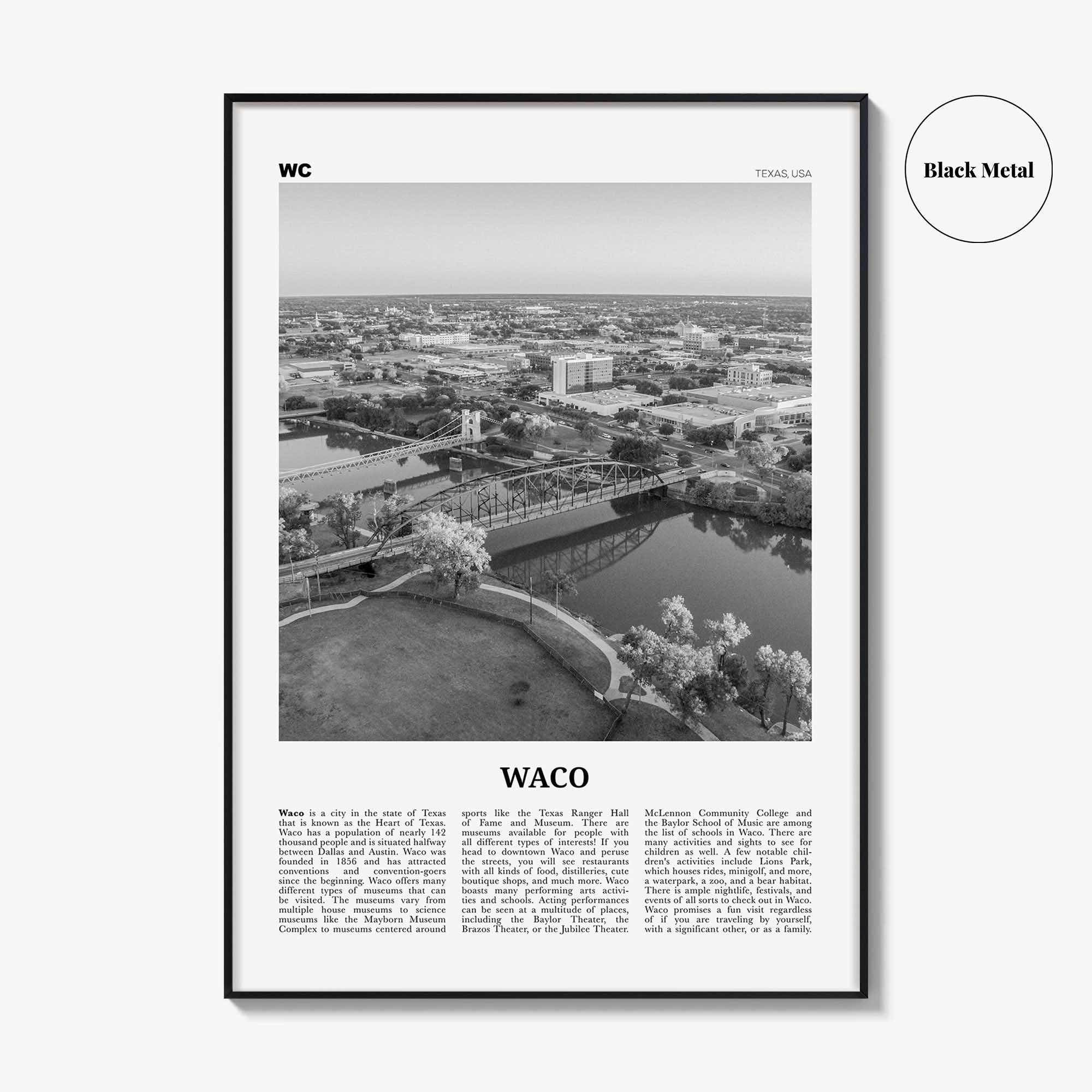 Waco Print Black and White, Waco Wall Art, Waco Poster, Waco Photo, Waco Wall Décor, Texas, USA, United States