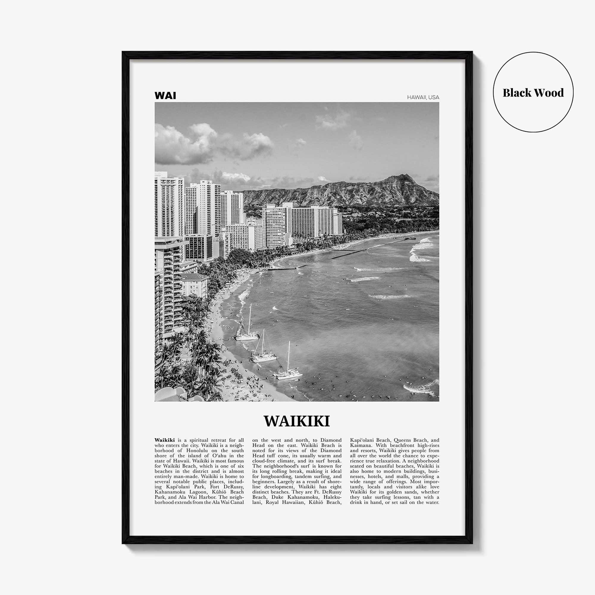 Waikiki Print Black and White, Waikiki Wall Art, Waikiki Poster, Waikiki Photo, Waikiki Decor, Honolulu, Hawaii, O'ahu Oahu North America