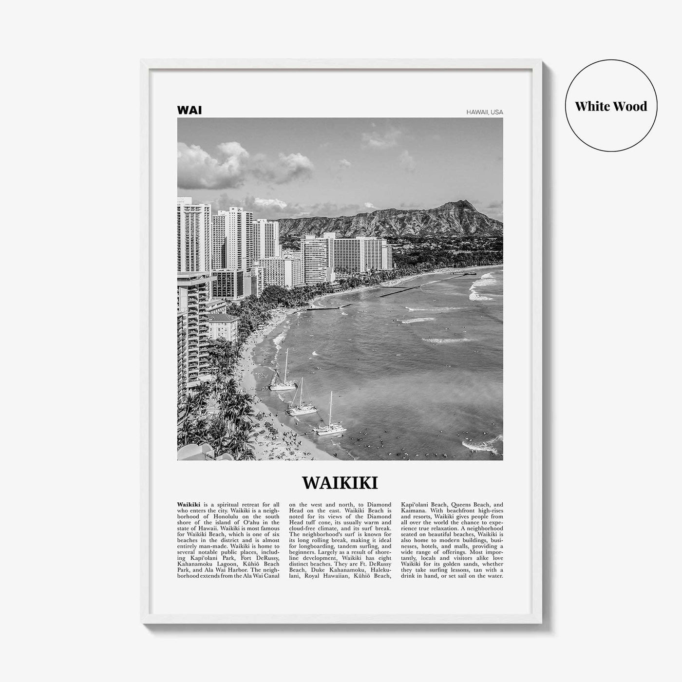 Waikiki Print Black and White, Waikiki Wall Art, Waikiki Poster, Waikiki Photo, Waikiki Decor, Honolulu, Hawaii, O'ahu Oahu North America