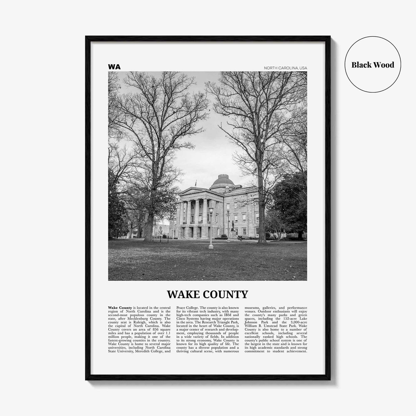 Wake County Print Black and White, Wake County Wall Art, Wake County Poster, Wake County Photo, Wake County Wall Décor, Wake County Map
