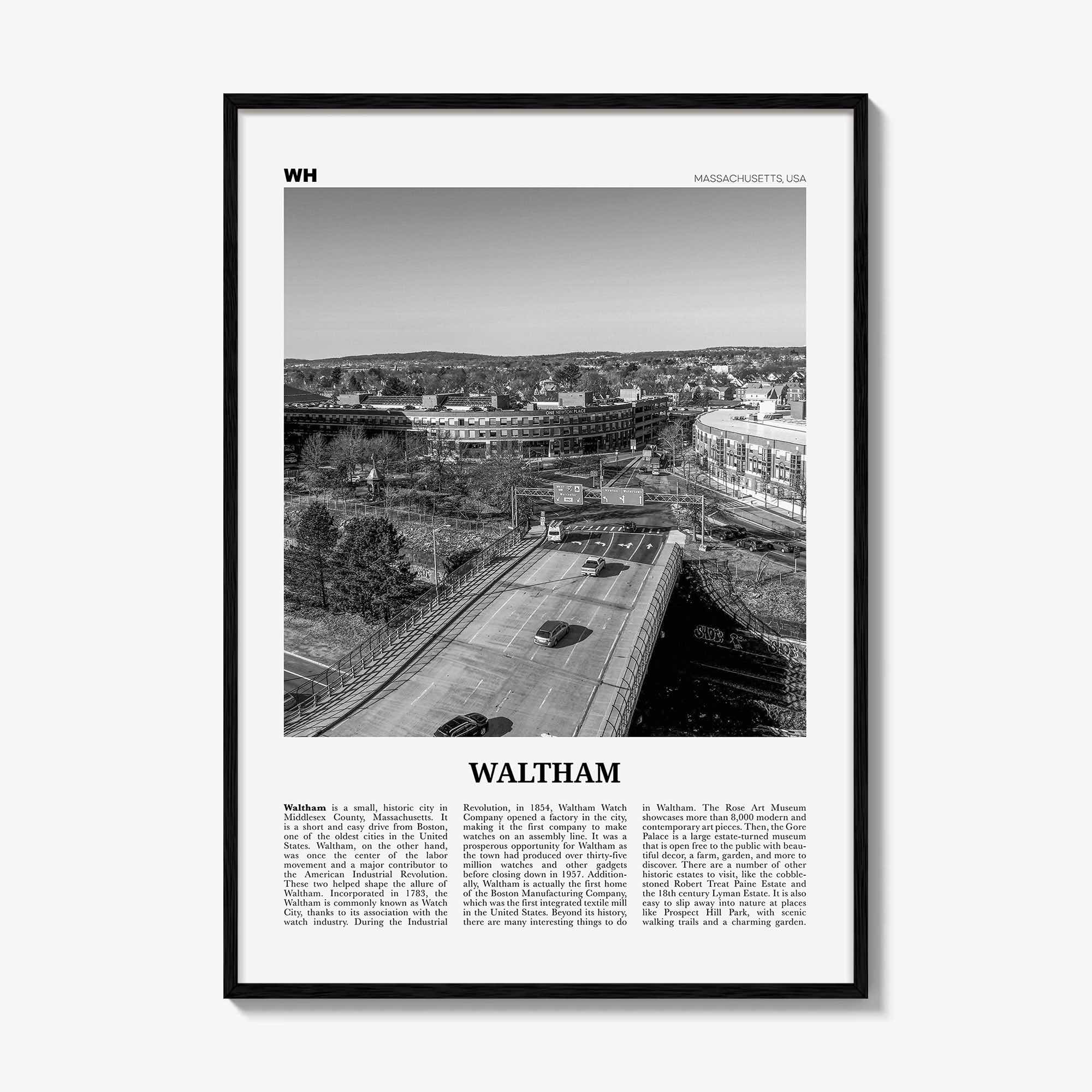 Waltham Print Black and White, Waltham Wall Art, Waltham Poster, Waltham Photo, Waltham Map, Waltham Wall Decor, Massachusetts, USA