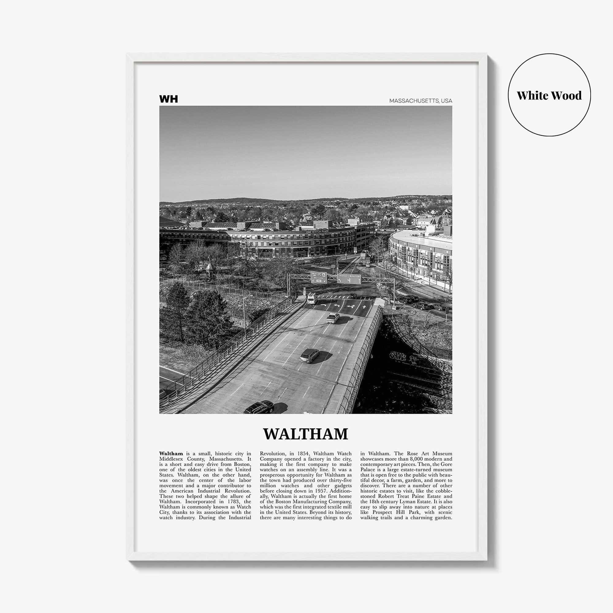 Waltham Print Black and White, Waltham Wall Art, Waltham Poster, Waltham Photo, Waltham Map, Waltham Wall Decor, Massachusetts, USA