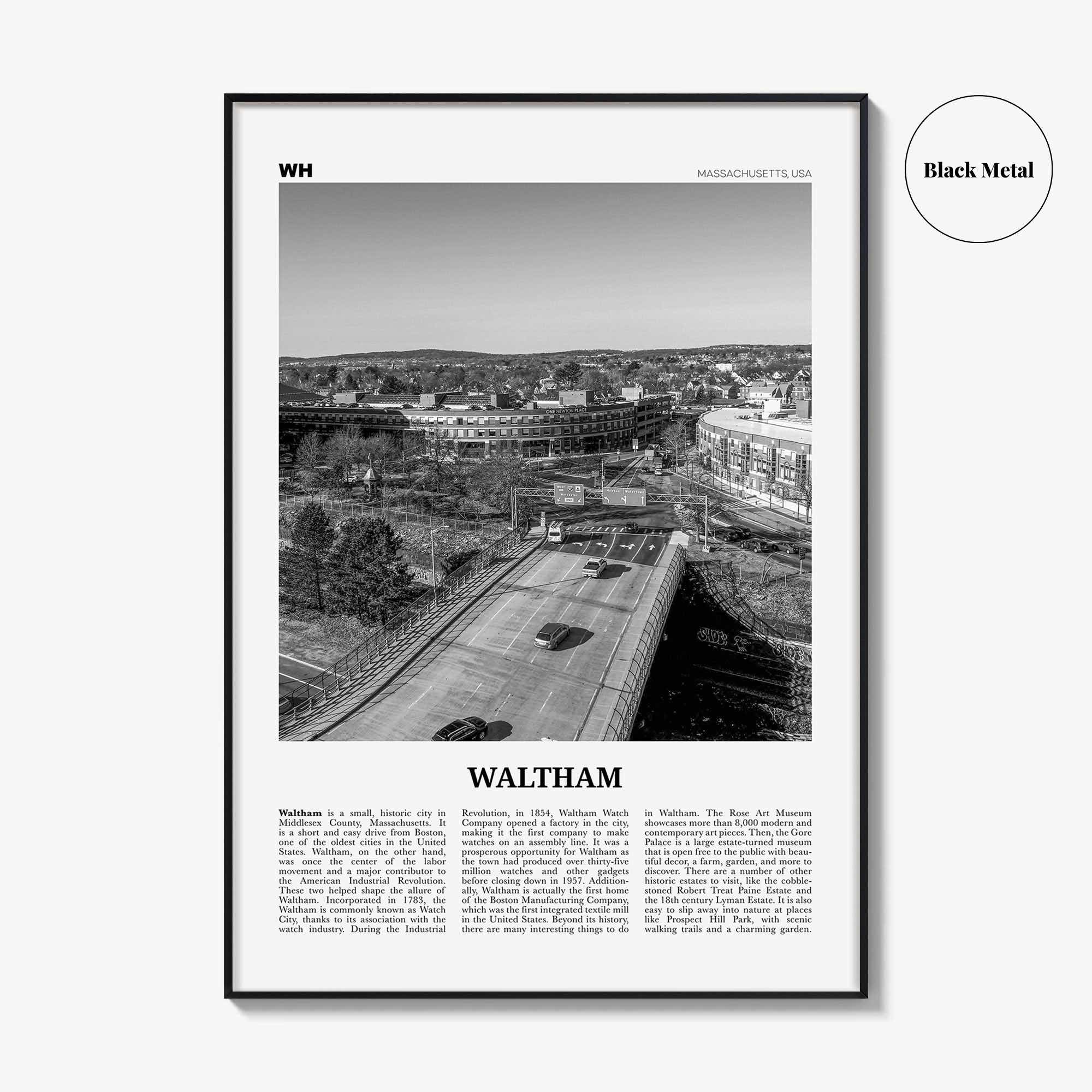Waltham Print Black and White, Waltham Wall Art, Waltham Poster, Waltham Photo, Waltham Map, Waltham Wall Decor, Massachusetts, USA