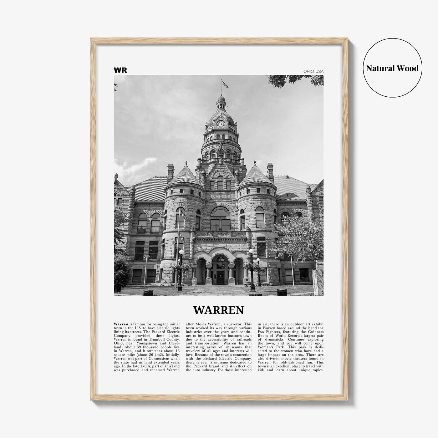 Warren Print Black and White, Warren Wall Art, Warren Poster, Warren Photo, Warren Wall Décor, Warren Map, Ohio, USA