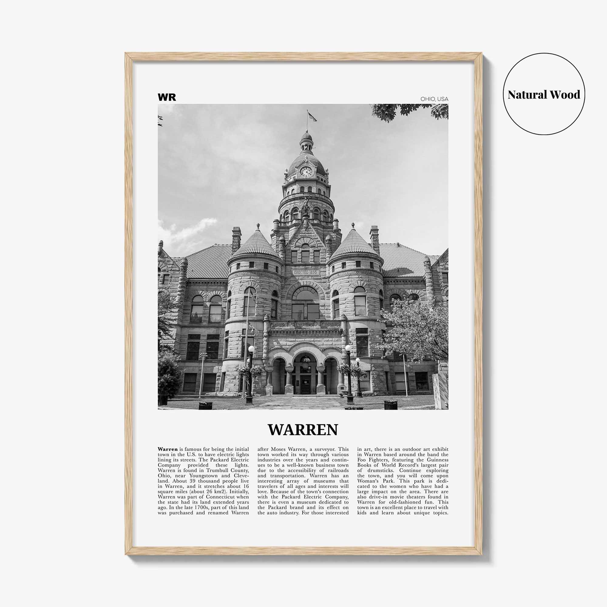 Warren Print Black and White, Warren Wall Art, Warren Poster, Warren Photo, Warren Wall Décor, Warren Map, Ohio, USA
