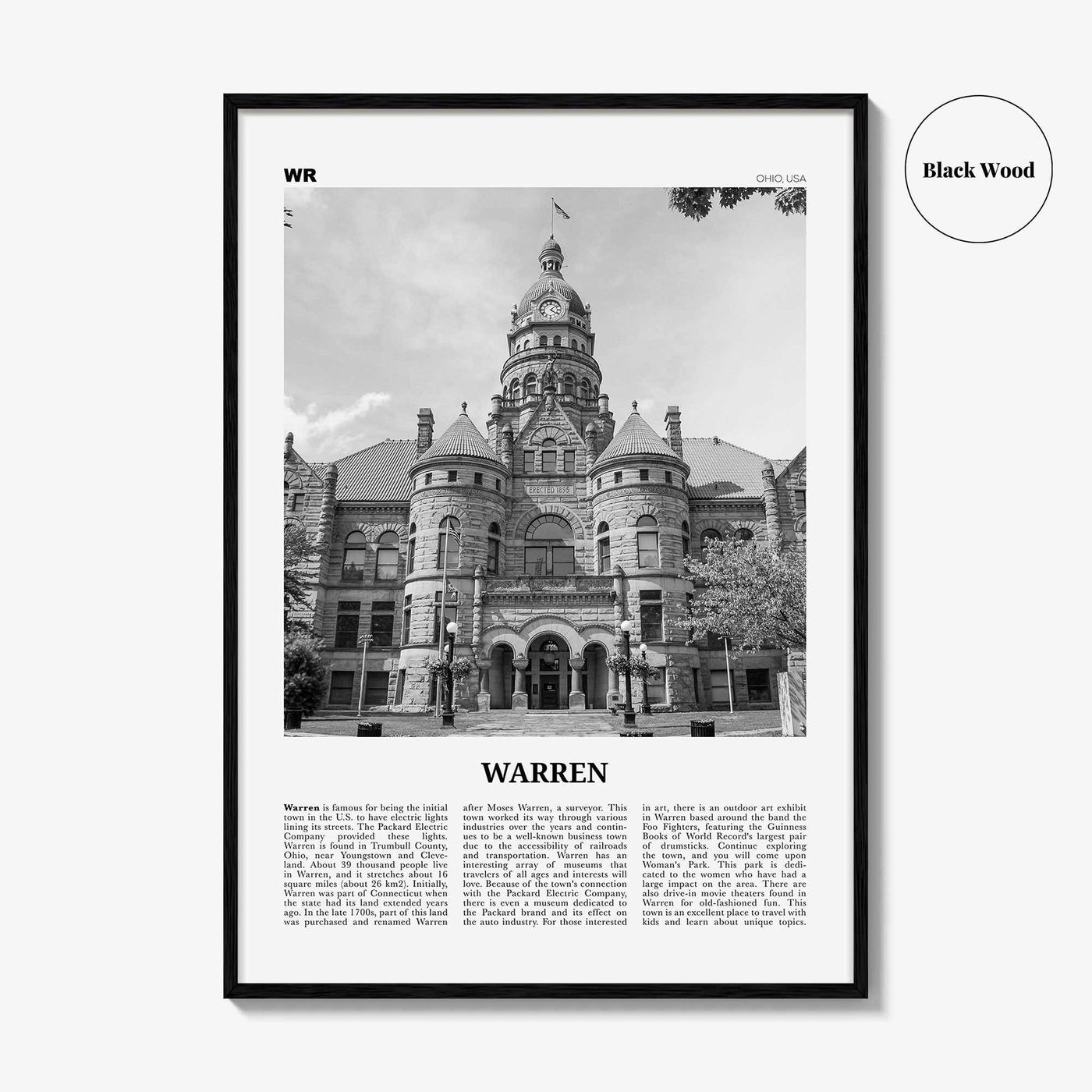 Warren Print Black and White, Warren Wall Art, Warren Poster, Warren Photo, Warren Wall Décor, Warren Map, Ohio, USA