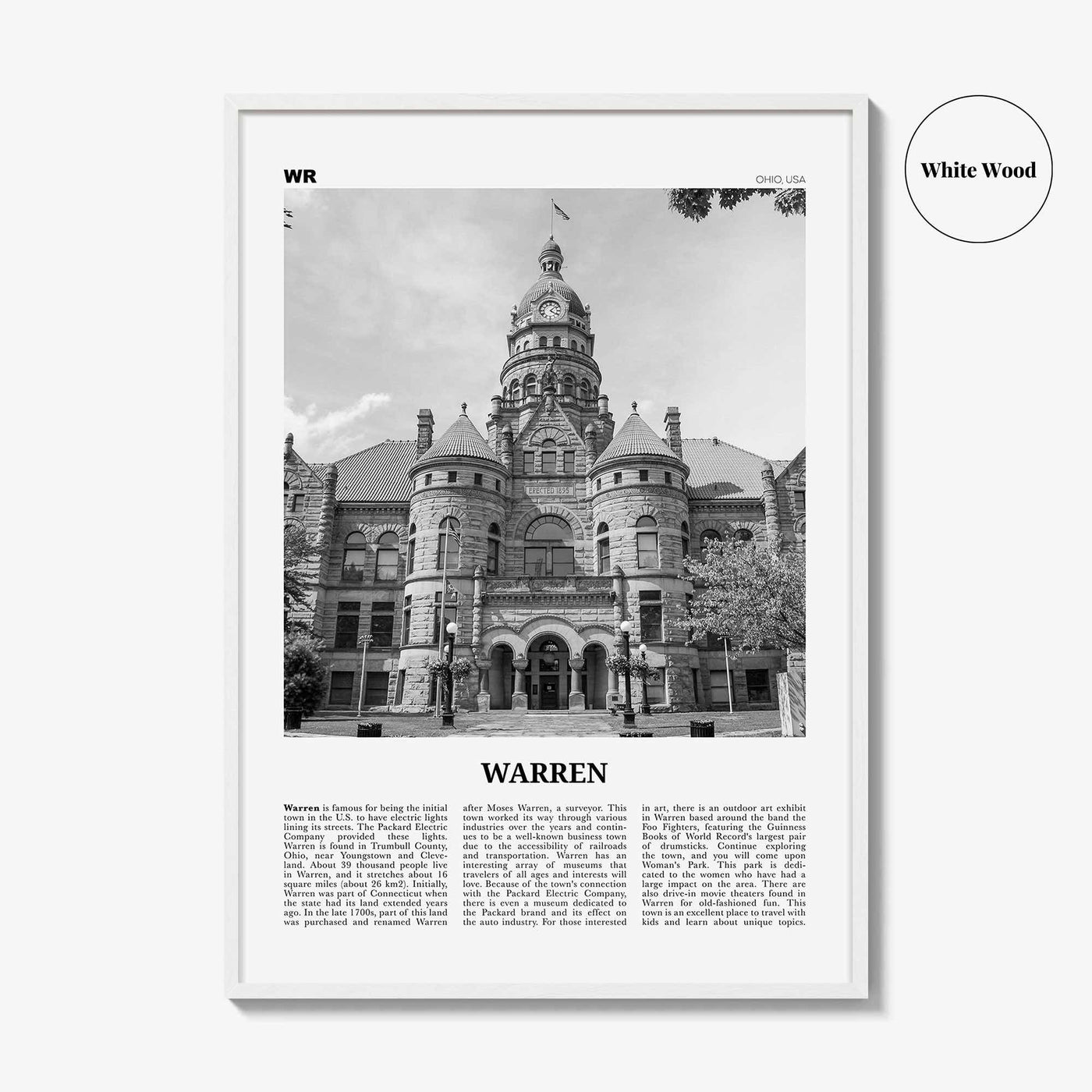 Warren Print Black and White, Warren Wall Art, Warren Poster, Warren Photo, Warren Wall Décor, Warren Map, Ohio, USA