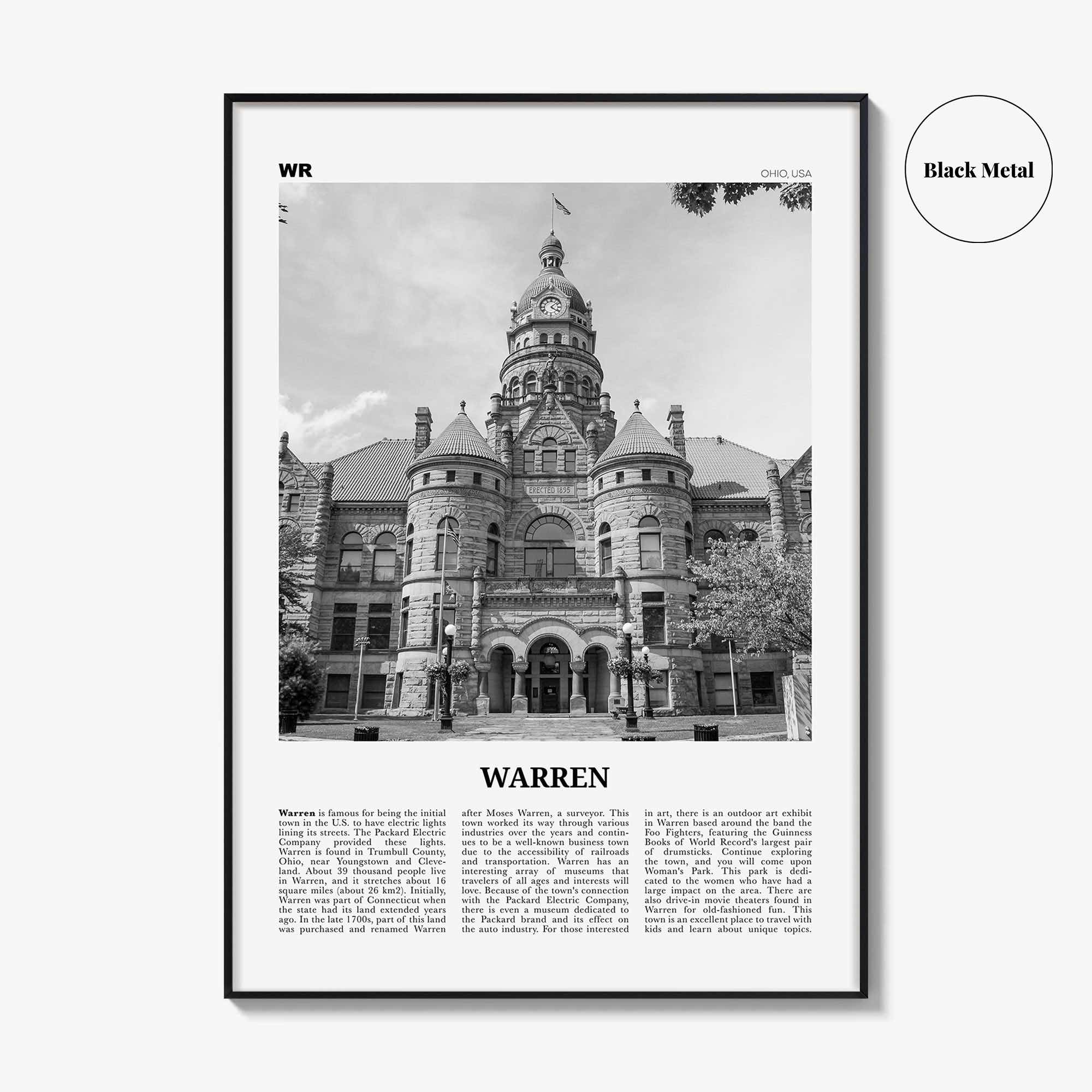 Warren Print Black and White, Warren Wall Art, Warren Poster, Warren Photo, Warren Wall Décor, Warren Map, Ohio, USA
