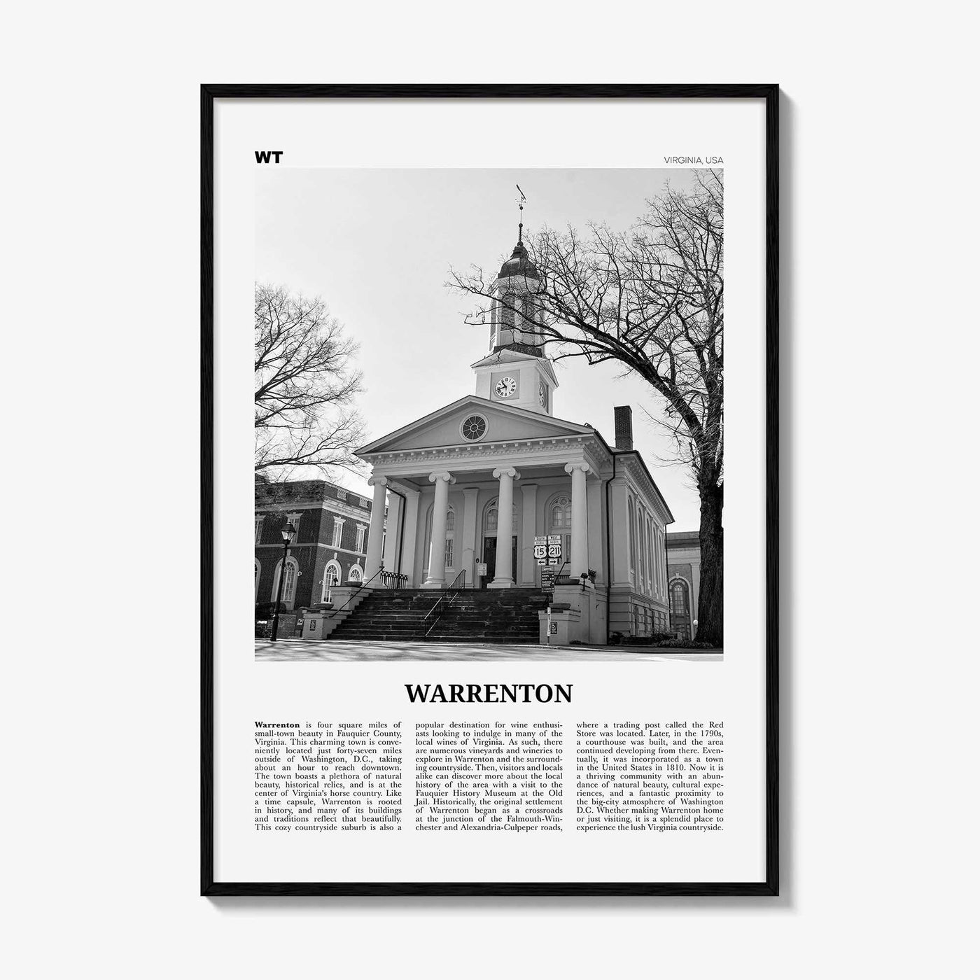 Warrenton Print Black and White, Warrenton Wall Art, Warrenton Poster, Warrenton Photo, Warrenton Wall Décor, Warrenton Map, Virginia, USA